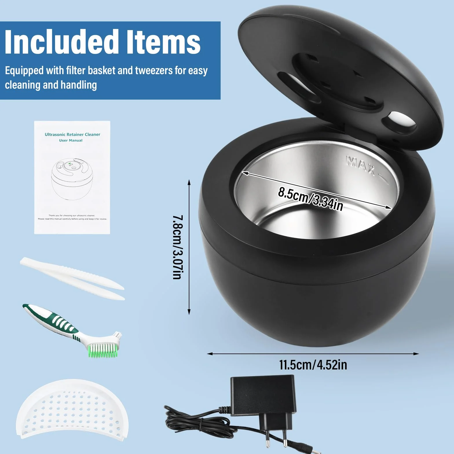 Ultrasonic Retainer Cleaner ultradźwiękowe urządzenie do czyszczenia zębów 45 kHz z promieniowaniem UV 25 W, ultradźwiękowe urządzenie do czyszczenia szyn dentystycznych, protez, kolor czarny
