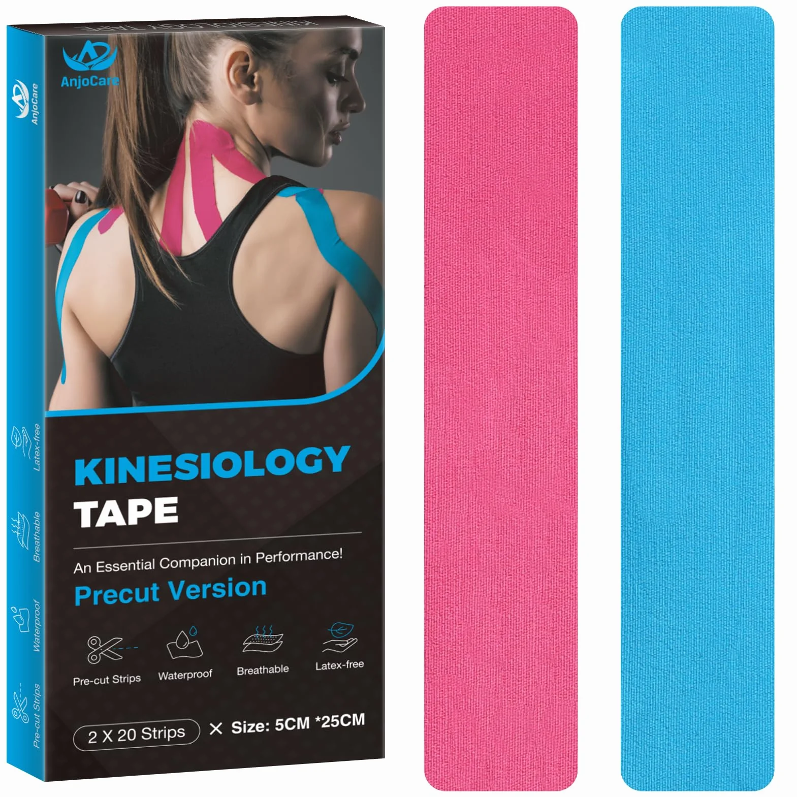 Kinesiology Tape Precut,elastyczna kinezjologiczna taśma terapeutyczna do fizjoterapii,sportu i leczenia urazów,sportowa taśma sportowa do kolan,kostek i ramion(paski 2x20)niebieska i różowa