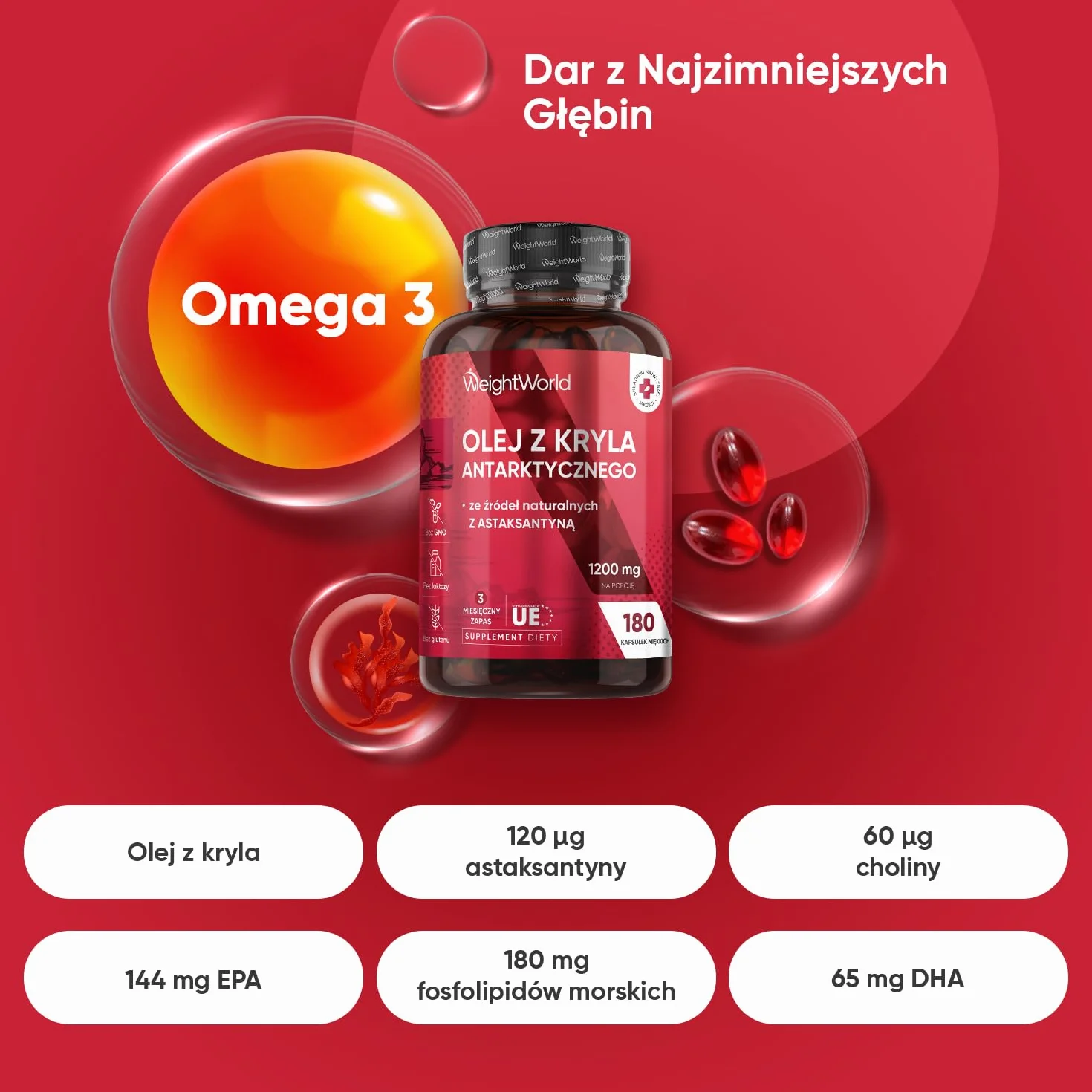 Antarktyczny Olej z Kryla Omega 3 1200 mg, 180 Kapsułek Miękkich – Źródło Omega 3 z Kryla (DHA i EPA) – Astaksantyna i Fosfolipidy Morskie, Alternatywa dla Oleju Rybnego na 3 Miesiące