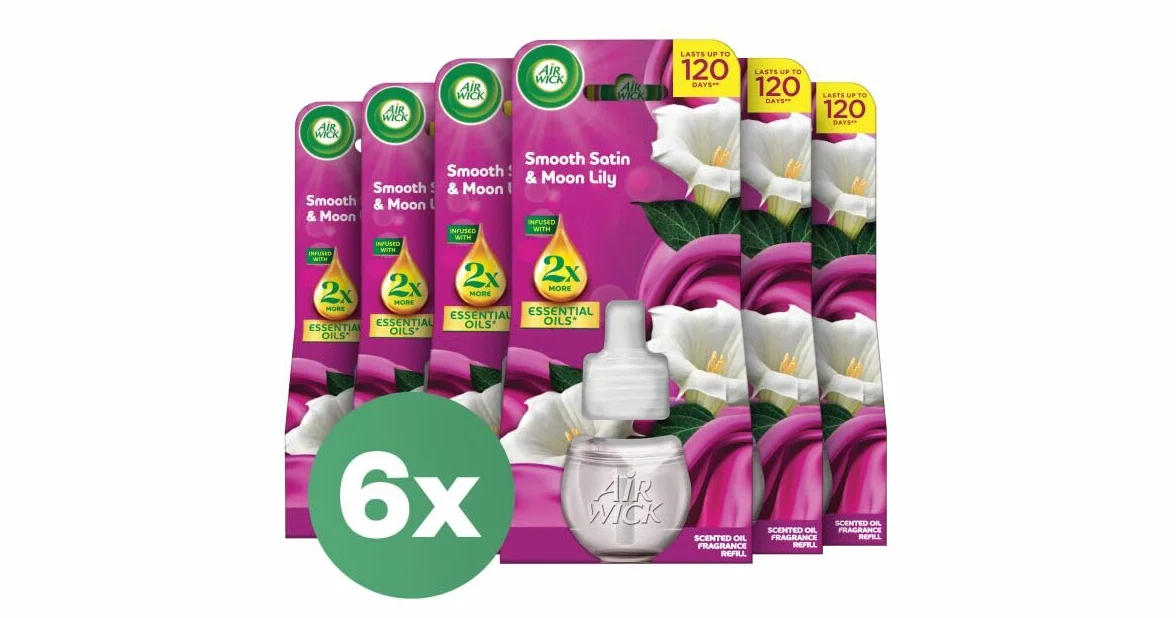 Air Wick Jedwab i świeżość lilii – Velvet Satin und Night Lily – opakowanie uzupełniające do elektrycznych odświeżaczy powietrza, 6 x 19 ml