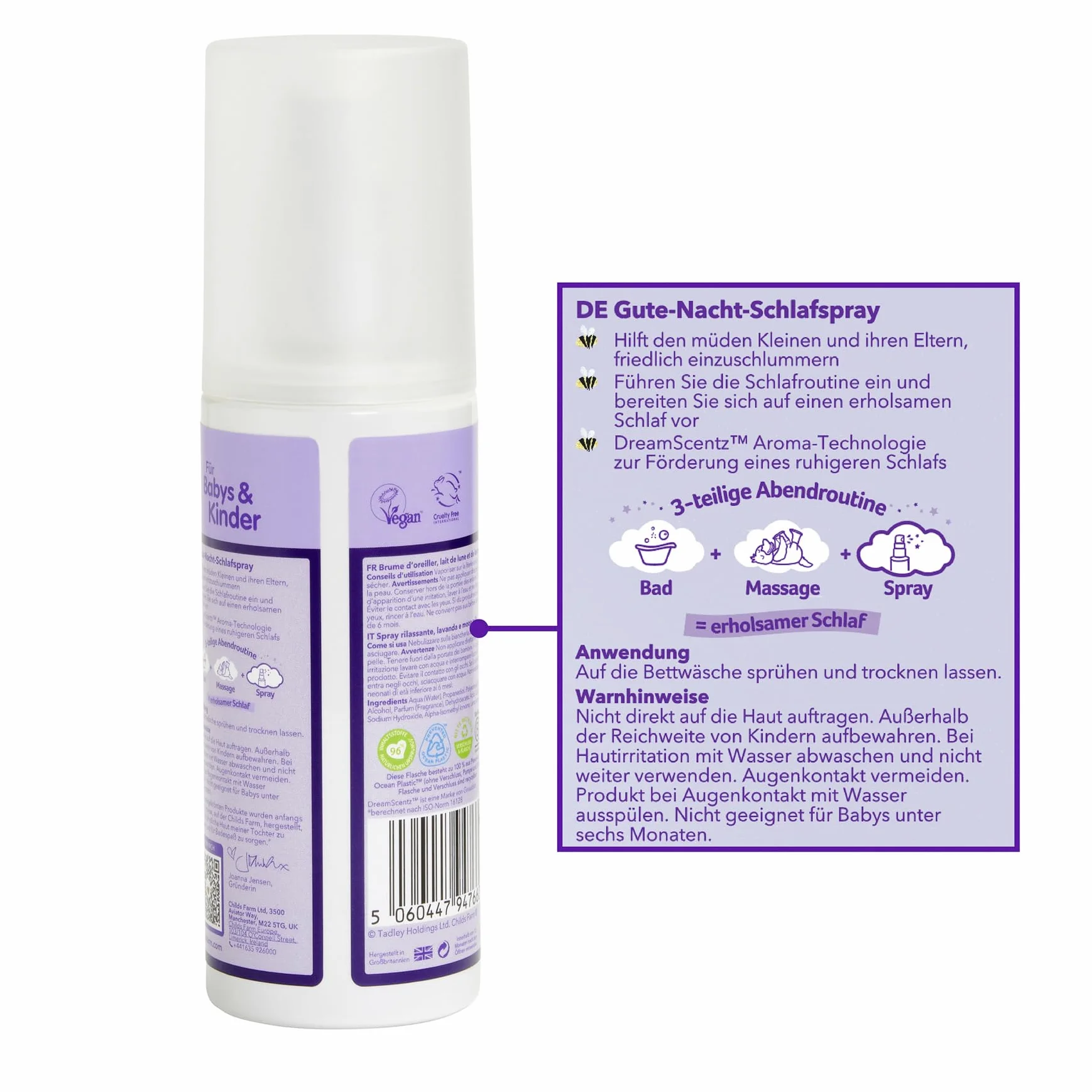 Childs Farm SlumberTime spray do spania, lawenda i mleczko księżycowe, 100 ml, wspomagający sen, relaksujący i uspokajający dla dzieci od 6 miesiąca życia i starszych.