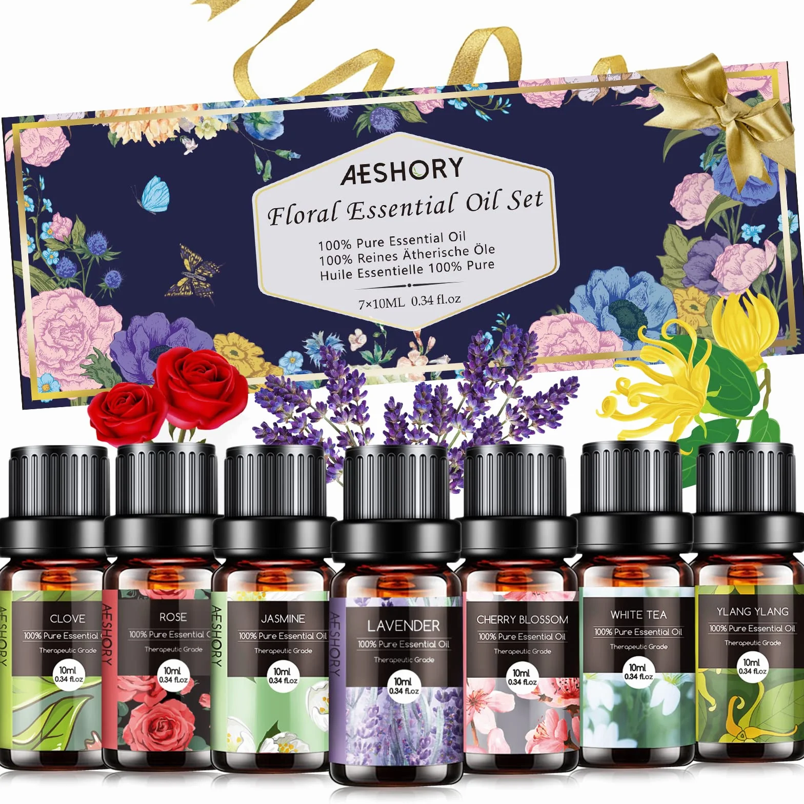 Aeshory Zestaw Olejków Eterycznych Kwiaty 7 x 10ml, 100% Naturalny Olejek Zapachowy Do Aromaterapii Do Dyfuzorów - Lawenda, Róża, Biała Herbata, Kwiat Wiśni, Rumianek, Ylang-Ylang, Goździk