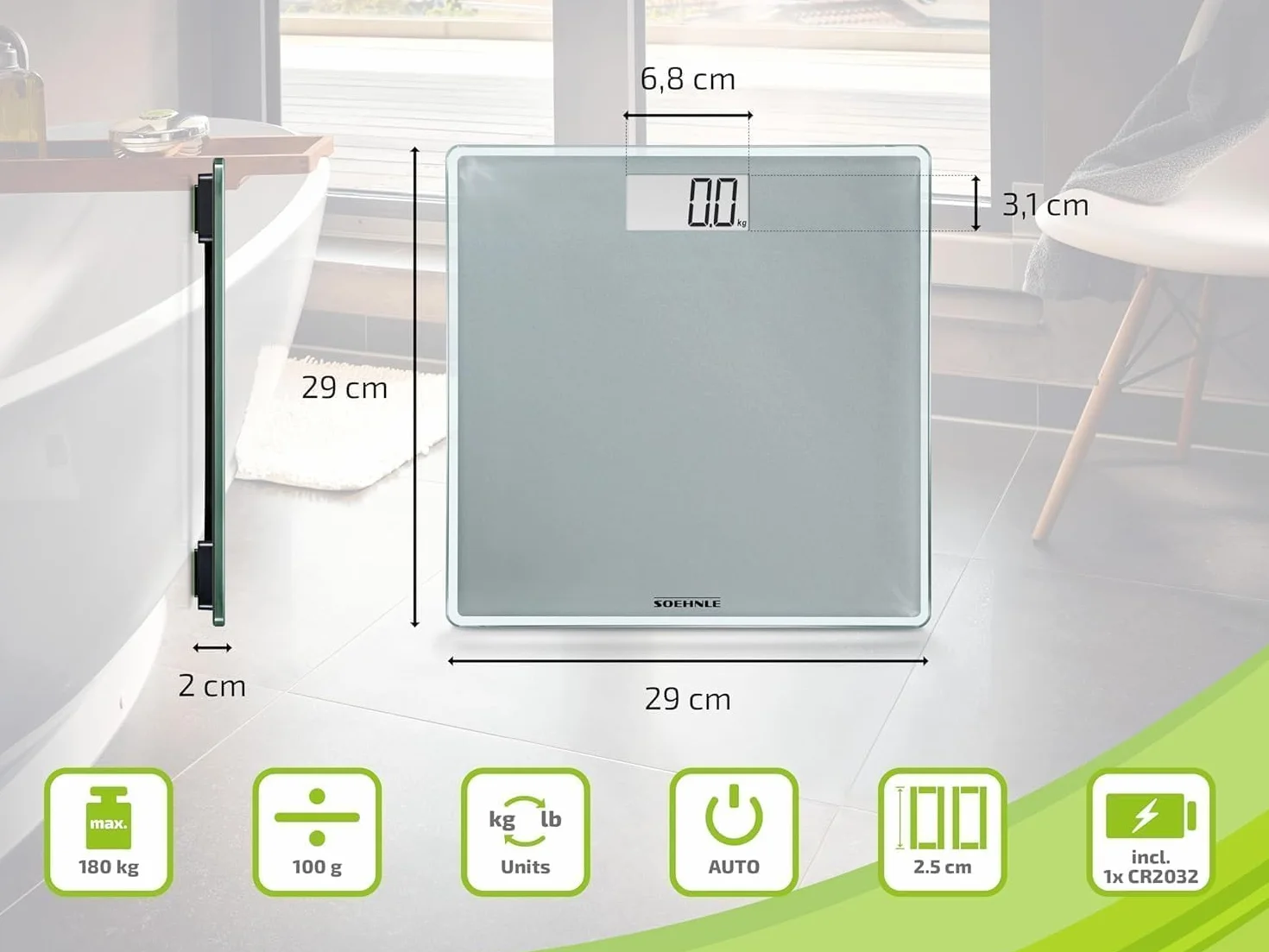 Soehnle Style Sense Compact 300, Kompaktowa Cyfrowa Waga Łazienkowa z Czytelnym Wyświetlaczem LCD, Bardzo Płaska