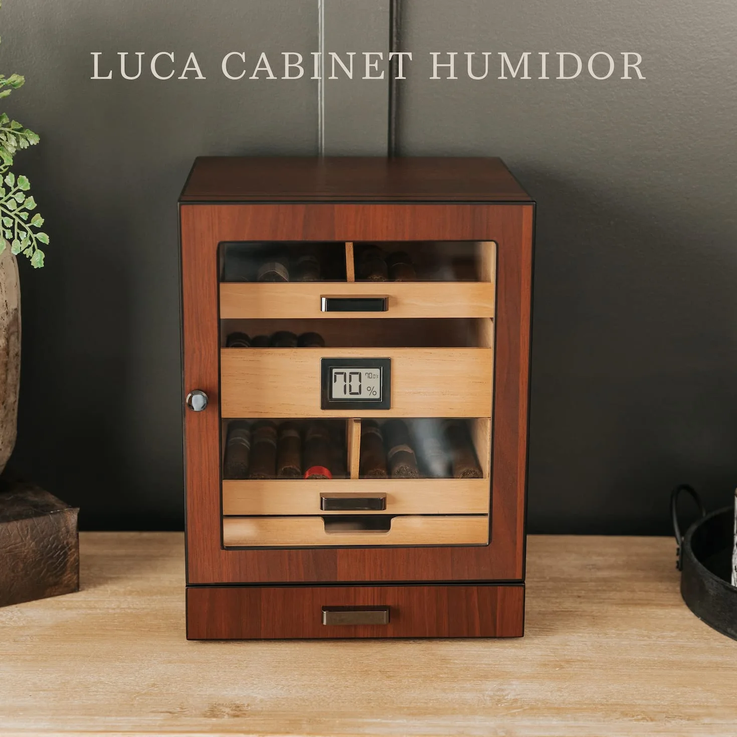 CASE ELEGANCE Humidor Szafkowy Luca Z Grubym Cedrem, Łatwy System Nawilżania, Dokładny Higrometr Cyfrowy - Brązowy