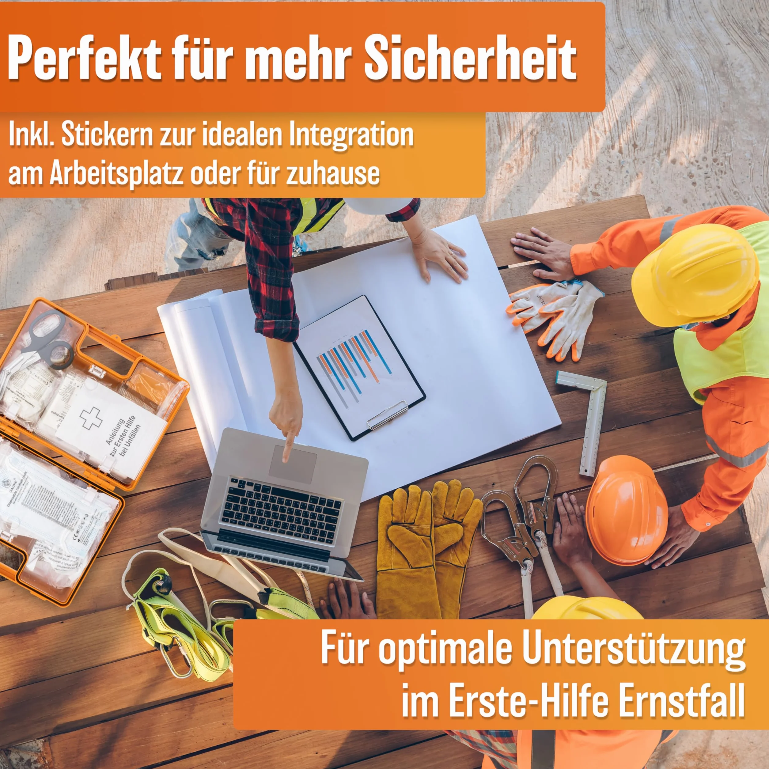 HELDENWERK Zestaw pierwszej pomocy zgodnie z nową DIN 13157:2021 wraz z uchwytem ściennym i naklejkami | Uniwersalny zestaw pierwszej pomocy do zastosowania w firmie, domownictwie lub gastronomii