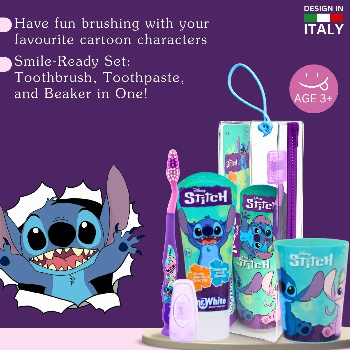 Disney Stitch Zestaw szczoteczek do zębów dla dzieci zawiera szczoteczkę do zębów z nasadką ochronną, przyssawką i miękkim włosiem, pastę do zębów o smaku miętowym i wielofunkcyjną zlewkę dla dzieci