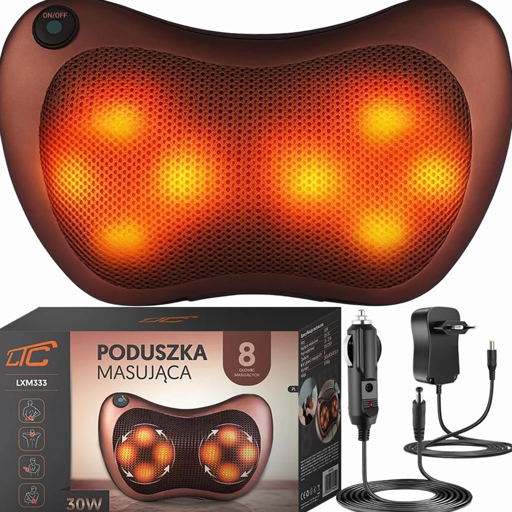LTC Shiatsu poduszka do masażu z funkcją podgrzewania – urządzenie do masażu karku 3D dla karku, ramion, pleców i nóg, funkcja ogrzewania na podczerwień, w zestawie zasilacz i adapter samochodowy 12 V