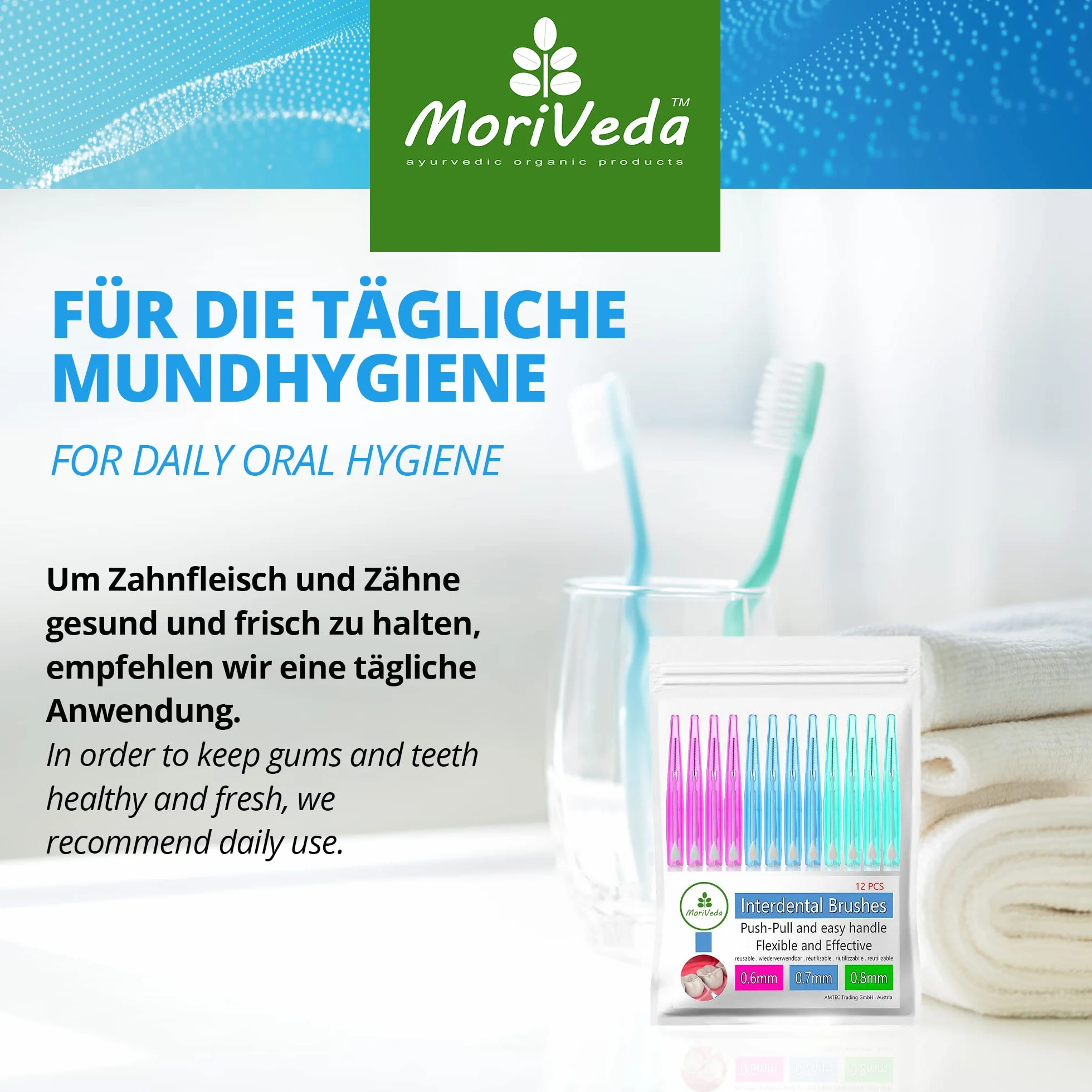 MoriVeda® NP-Vital Szczotki międzyzębowe, zestaw 12 sztuk (0,6/0,7/0,8 mm), funkcja Push-Pull, zapewniająca czystą higienę jamy ustnej