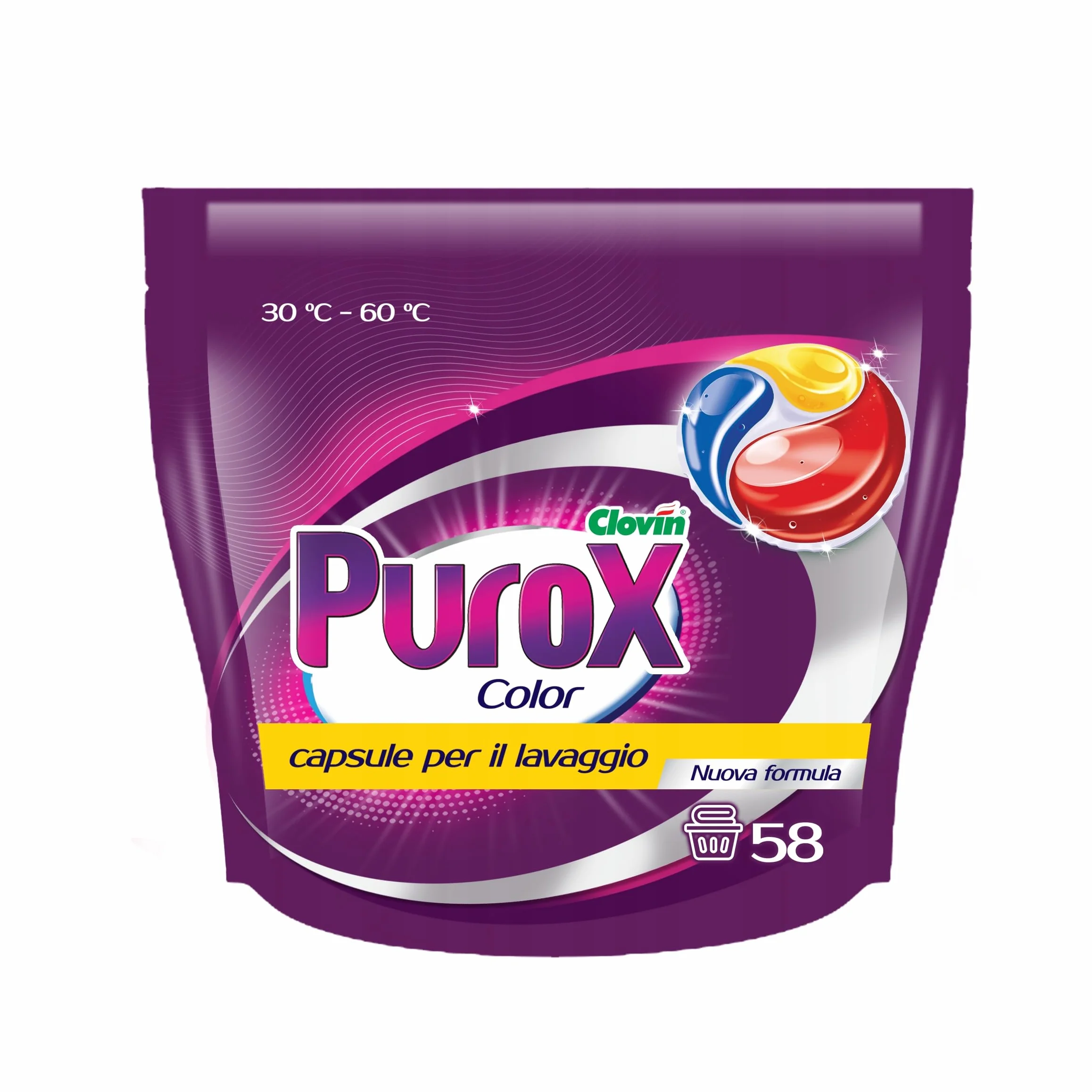 Purox Color Kapsułki do Prania, Żelowe Trzykomorowe, 58 sztuk x 13g, Formuła TriCaps do Tkanin Kolorowych, z Ochroną Koloru i Świeżym Zapachem