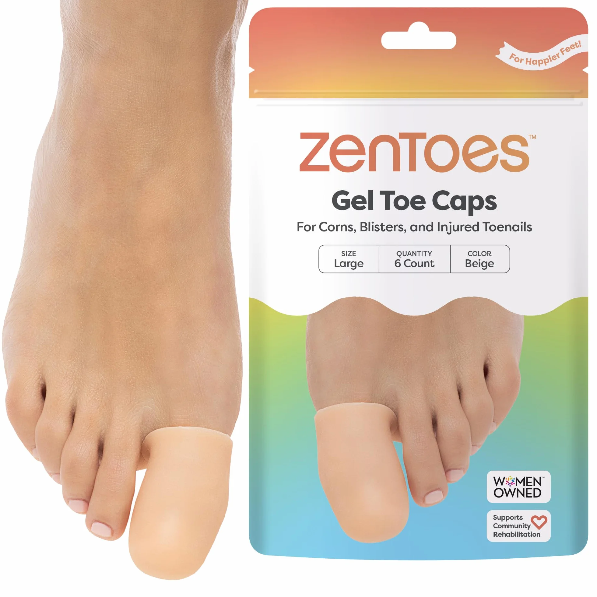 ZenToes 6-pak żelowych nakładek na palce u stóp i ochraniaczy – poduszki chroniące palce u stóp i zapewniają ulgę w przypadku brakujących lub wrastających paznokci, pęcherzy (rozmiar L, beżowy)
