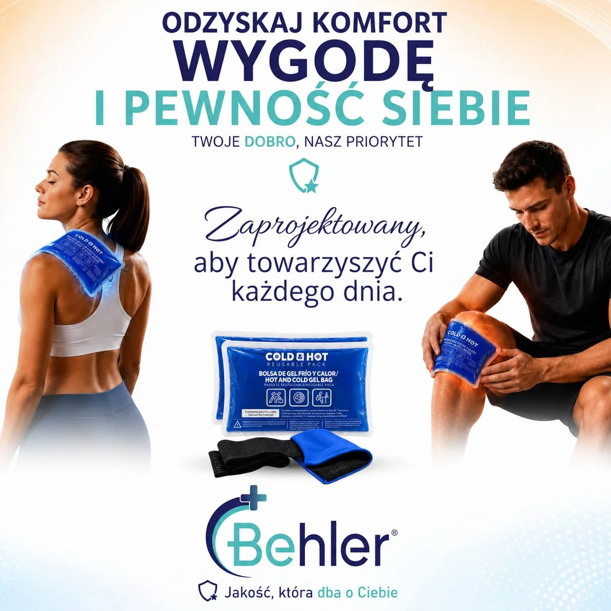 Kompresy Zimne/Ciepłe Zestaw Wielokrotnego Użytku (26 x 15 cm) - Zawiera 1 Pokrowiec z Tkaniny Wielofunkcyjnej z Taśmą Kompresyjną - Nadaje Się do Lodówki i Kuchenki Mikrofalowej