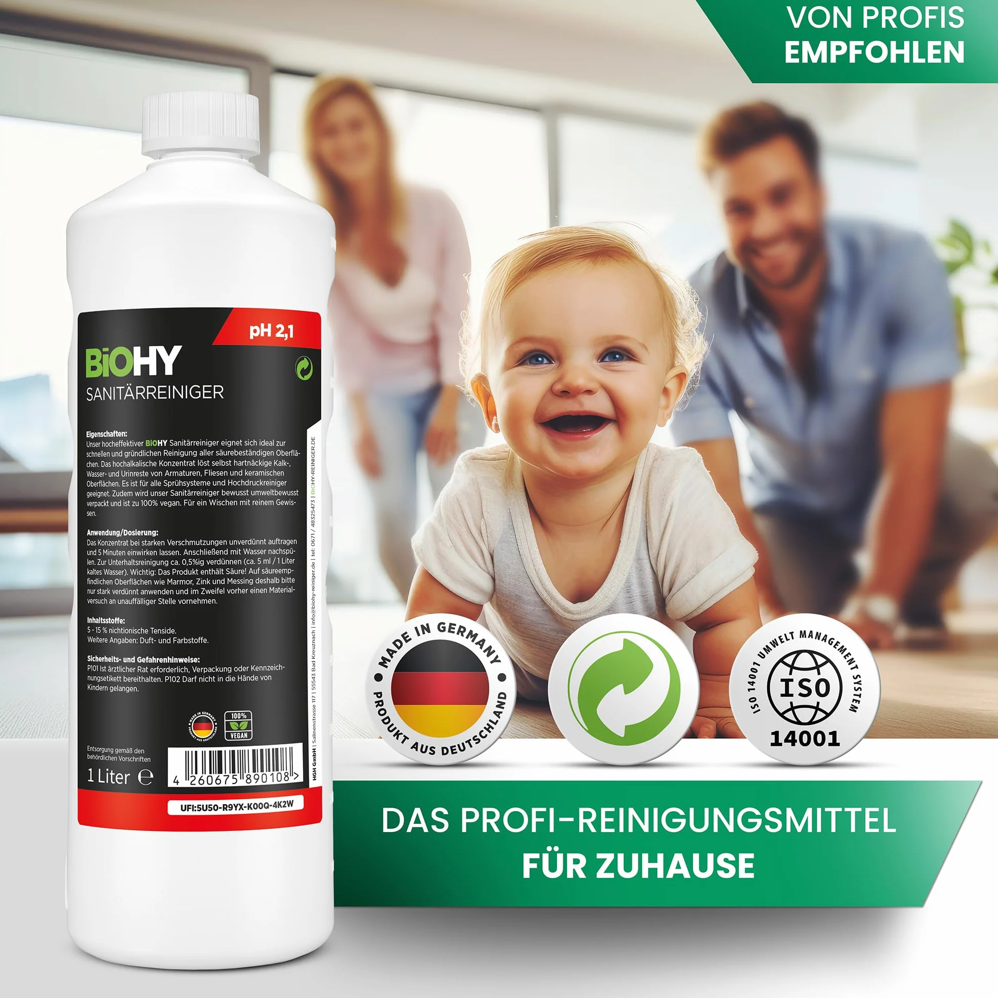 BiOHY Środek do czyszczenia sanitariatów (butelka 1l) | Koncentrat przeciw osadzaniu się kamienia w instalacjach sanitarnych środek do czyszczenia łazienki (Sanitärreiniger)