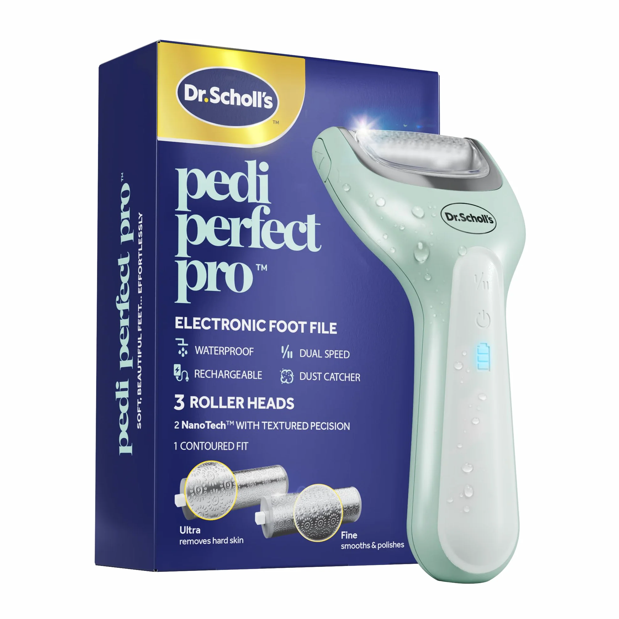 Dr. Scholl's Pedi Perfect Pro profesjonalny elektryczny pedicure do stóp, wodoodporny, akumulatorowy, 3 głowice