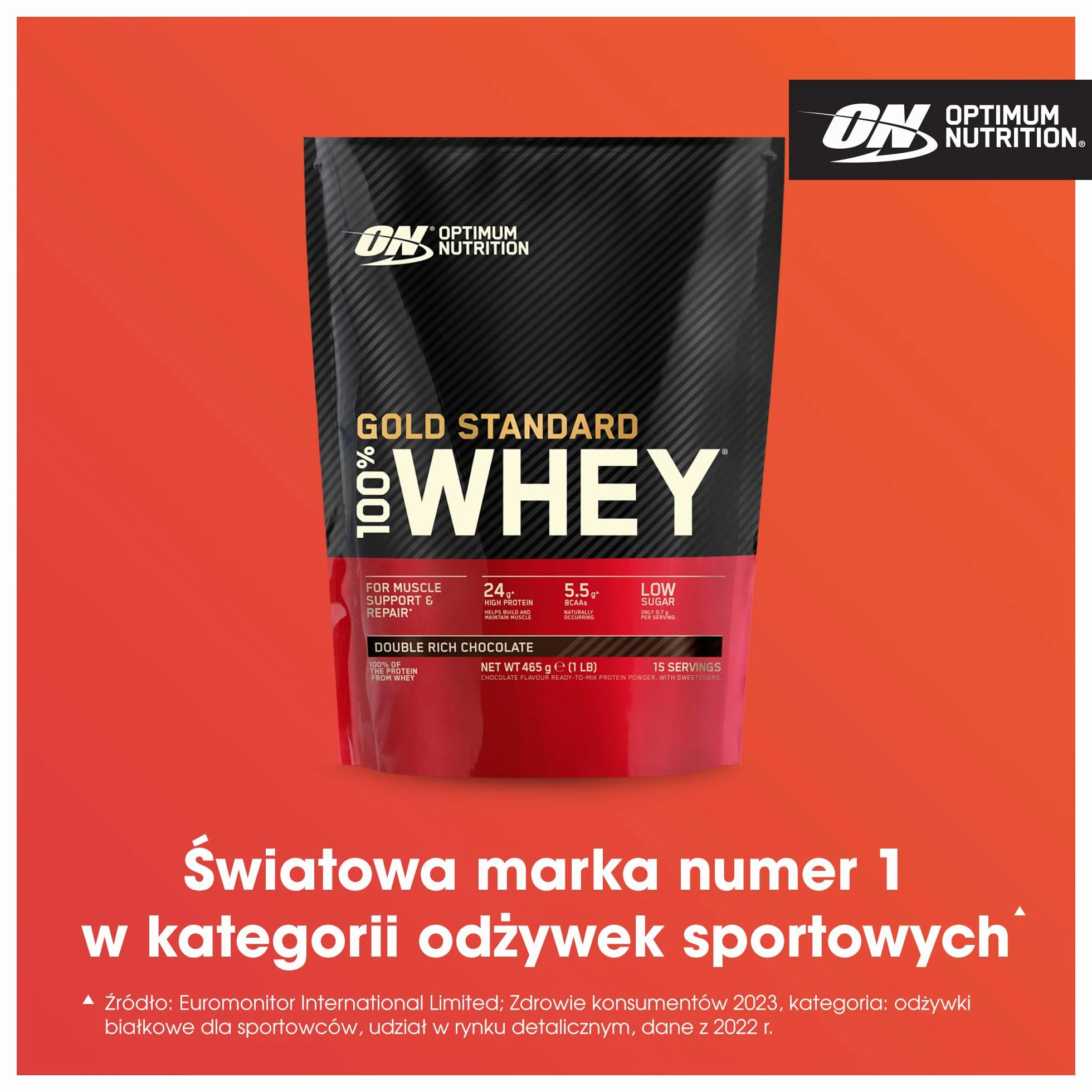Optimum Nutrition Gold Standard 100% Whey, Koncentrat Białka Serwatkowego, Izolat i Hydrolizat Serwatki, BCAA, Glutamina, Wzrost i Naprawa Mięśni, Smak Podwójna Czekolada, 15 porcji, 465g