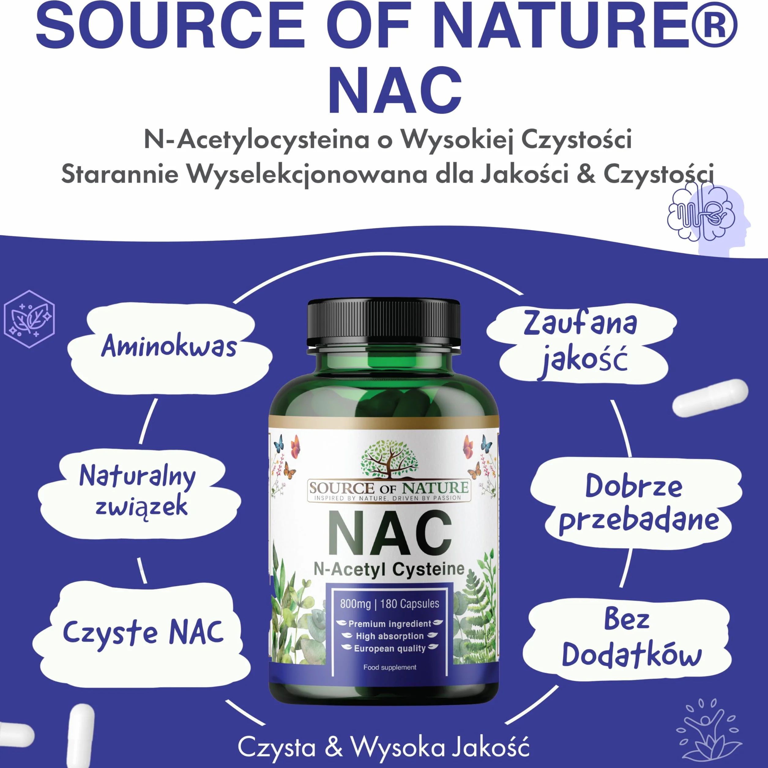 Source of Nature® | NAC | 800mg | 180 Kapsułek | N-acetylocysteina | Wegańska | Produkcja UE | Naturalna