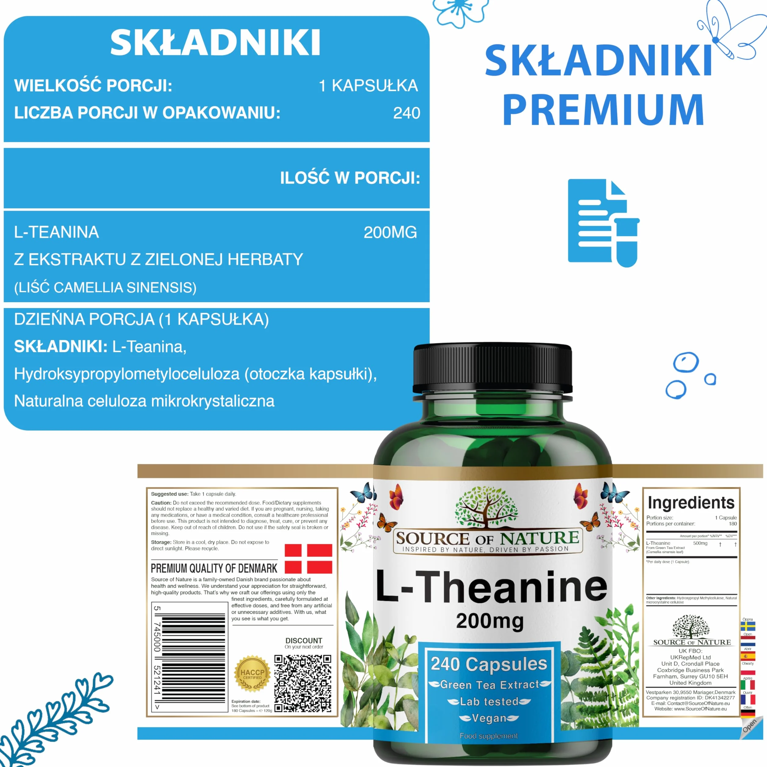 L-Teanina 200 mg 240 Kapsułek Wegetariańskich Aminokwas Zielona Herbata 98% Czystości Bez Dodatków
