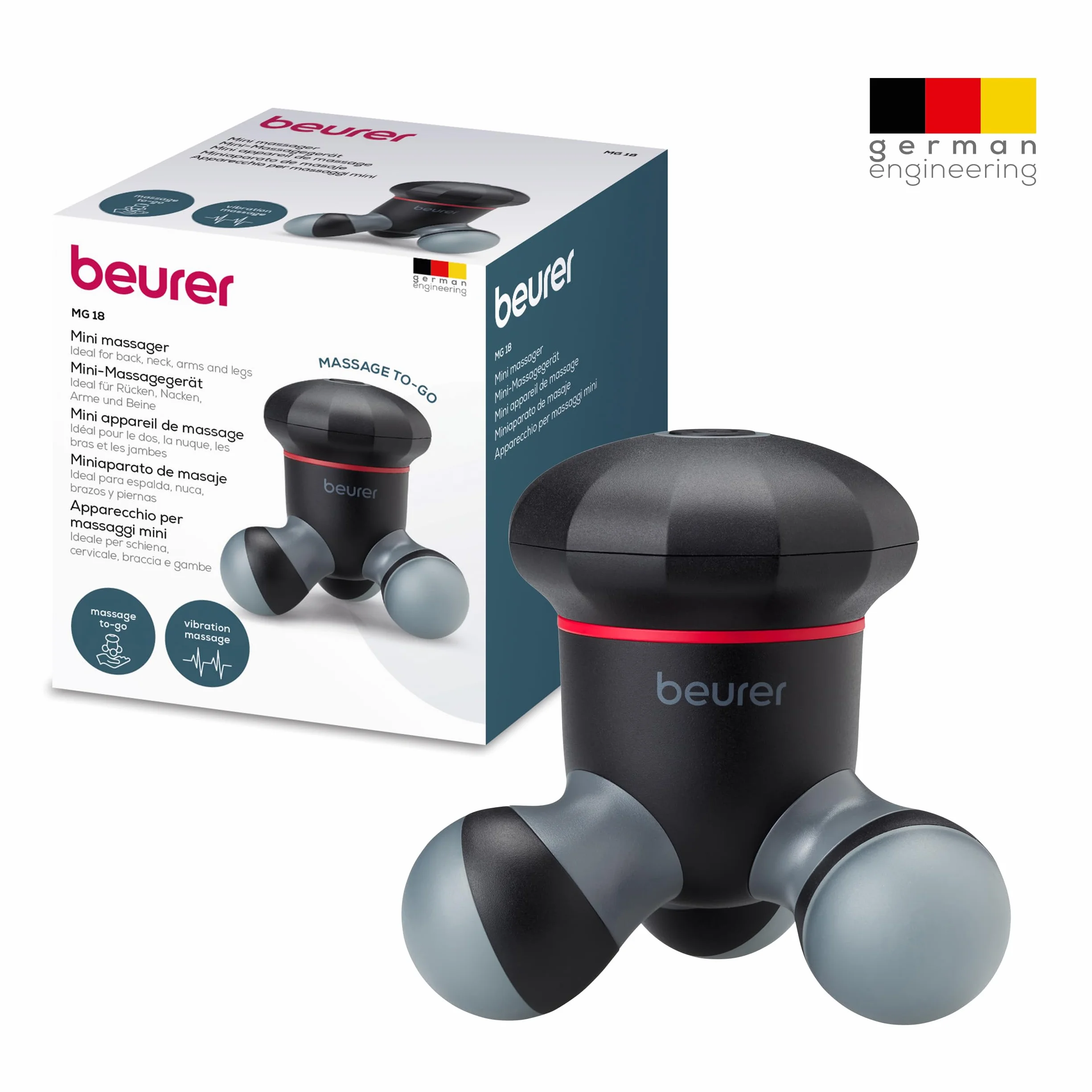 Beurer MG 18 mini masażer, elektryczny ręczny masażer do delikatnego masażu wibracyjnego, idealny do pleców, szyi, rąk i nóg, ze światłem LED, przenośny, czarny, 1 sztuka
