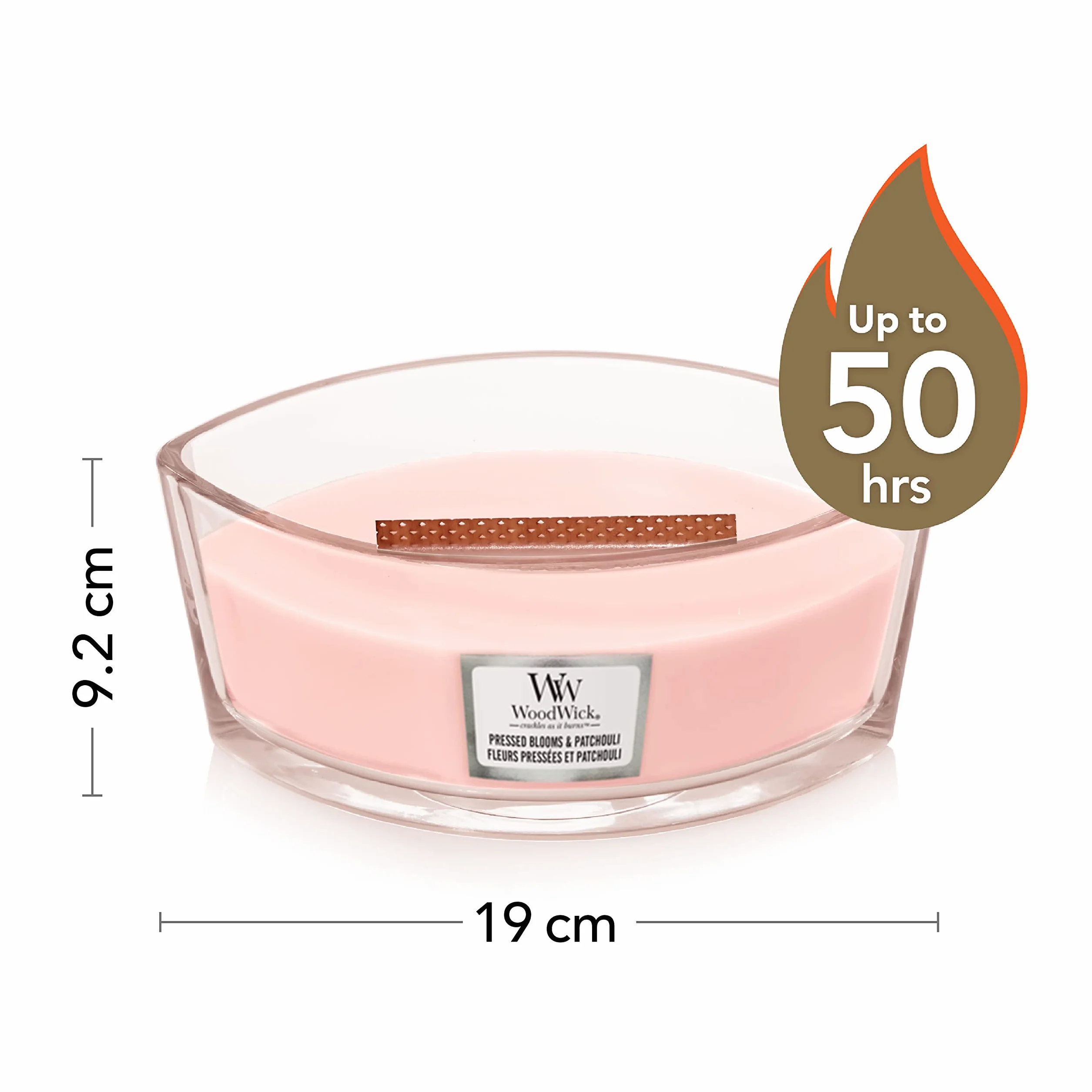 Woodwick Świeca zapachowa Ellipse z trzeszczącym knotem, prasowane kwiaty i paczula, czas palenia 50h