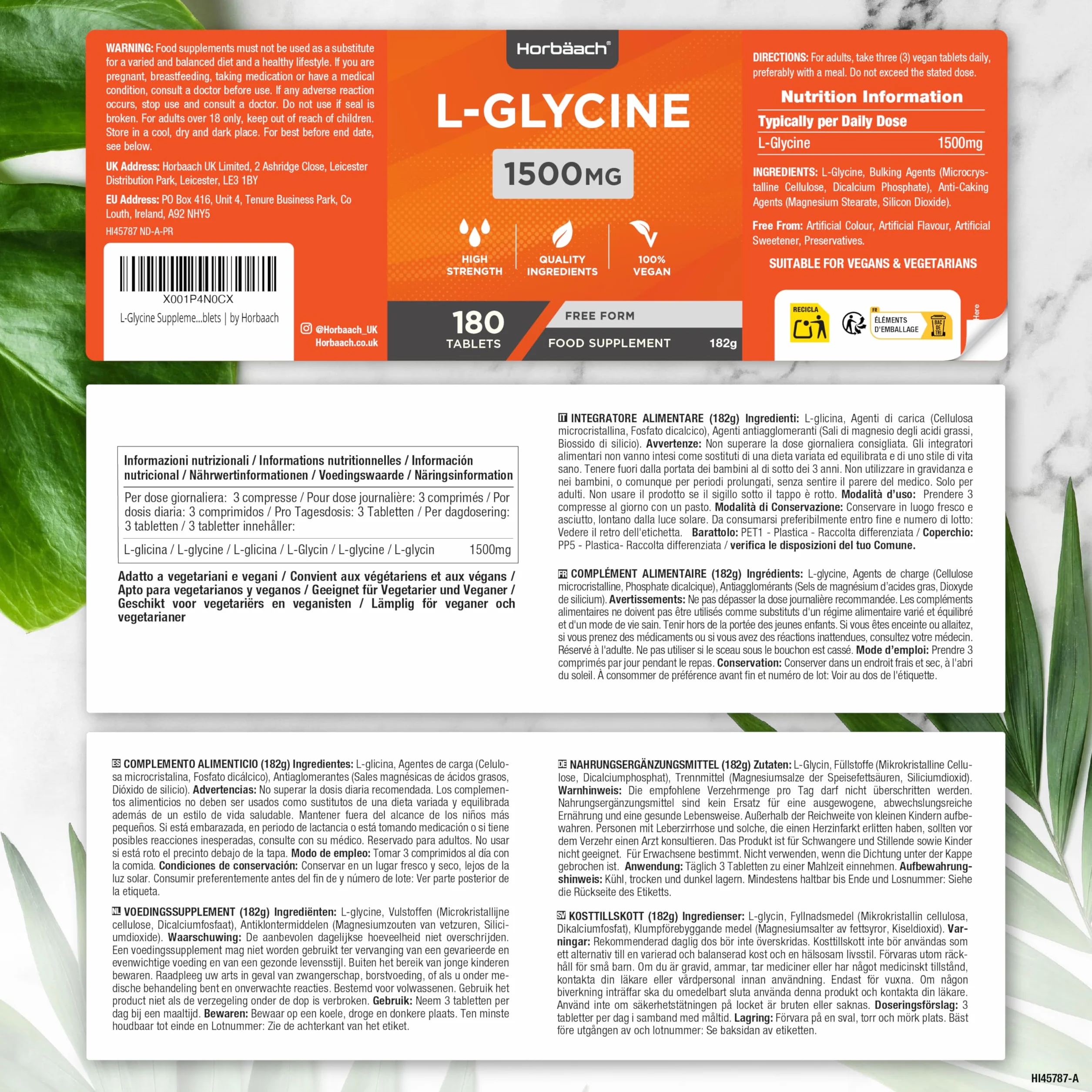 L-Glicyna 1500 mg | Wysokiej Mocy Aminokwas | 180 Tabletek | 100% Wegański Suplement Diety | marki Horbaach