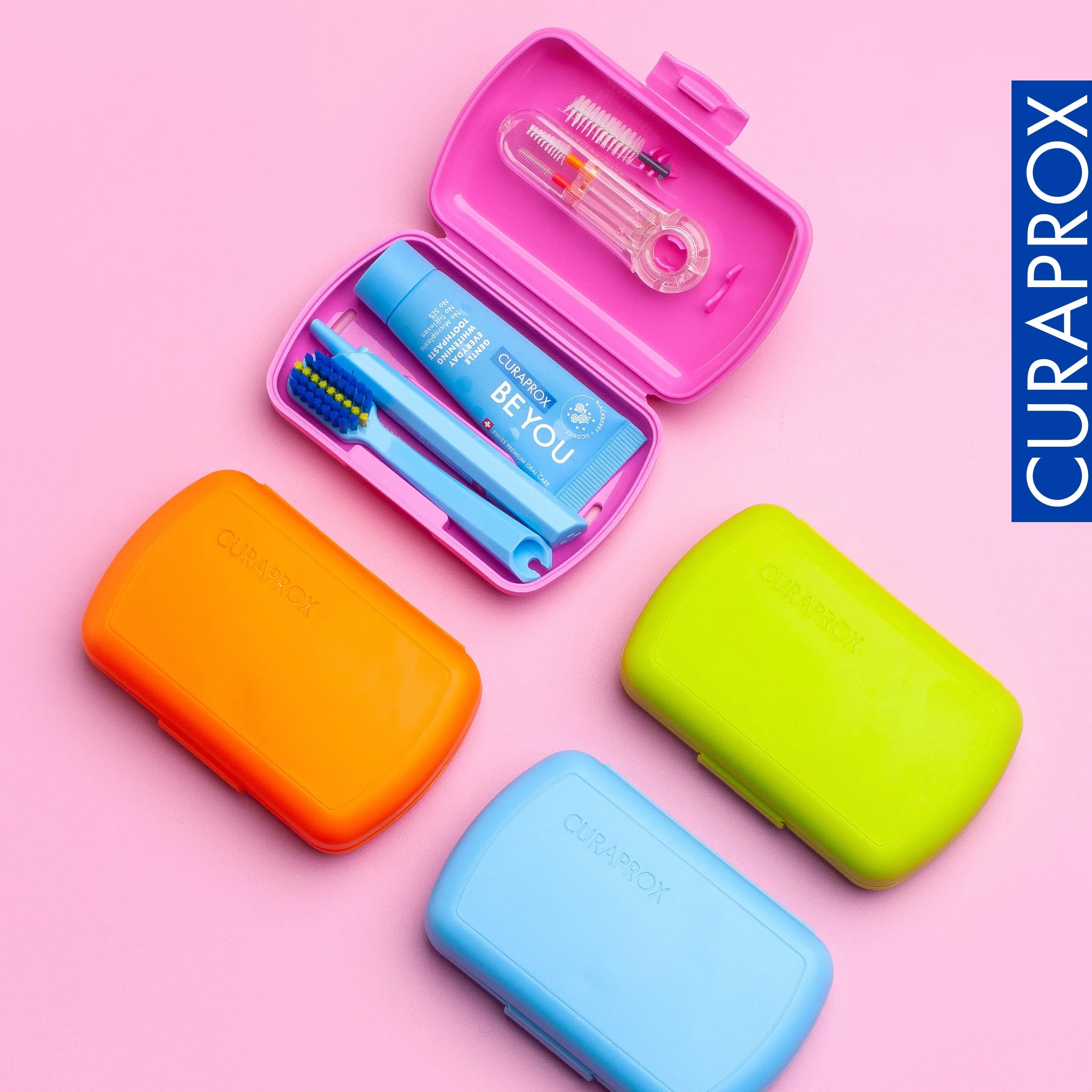 Curaprox Ortho Travel Set-Szelki i pielęgnacja jamy ustnej w podróży/Ultra miękka szczoteczka + wybielająca pasta do zębów/kompaktowy zestaw do higieny ortodontycznej/Made in Switzerland