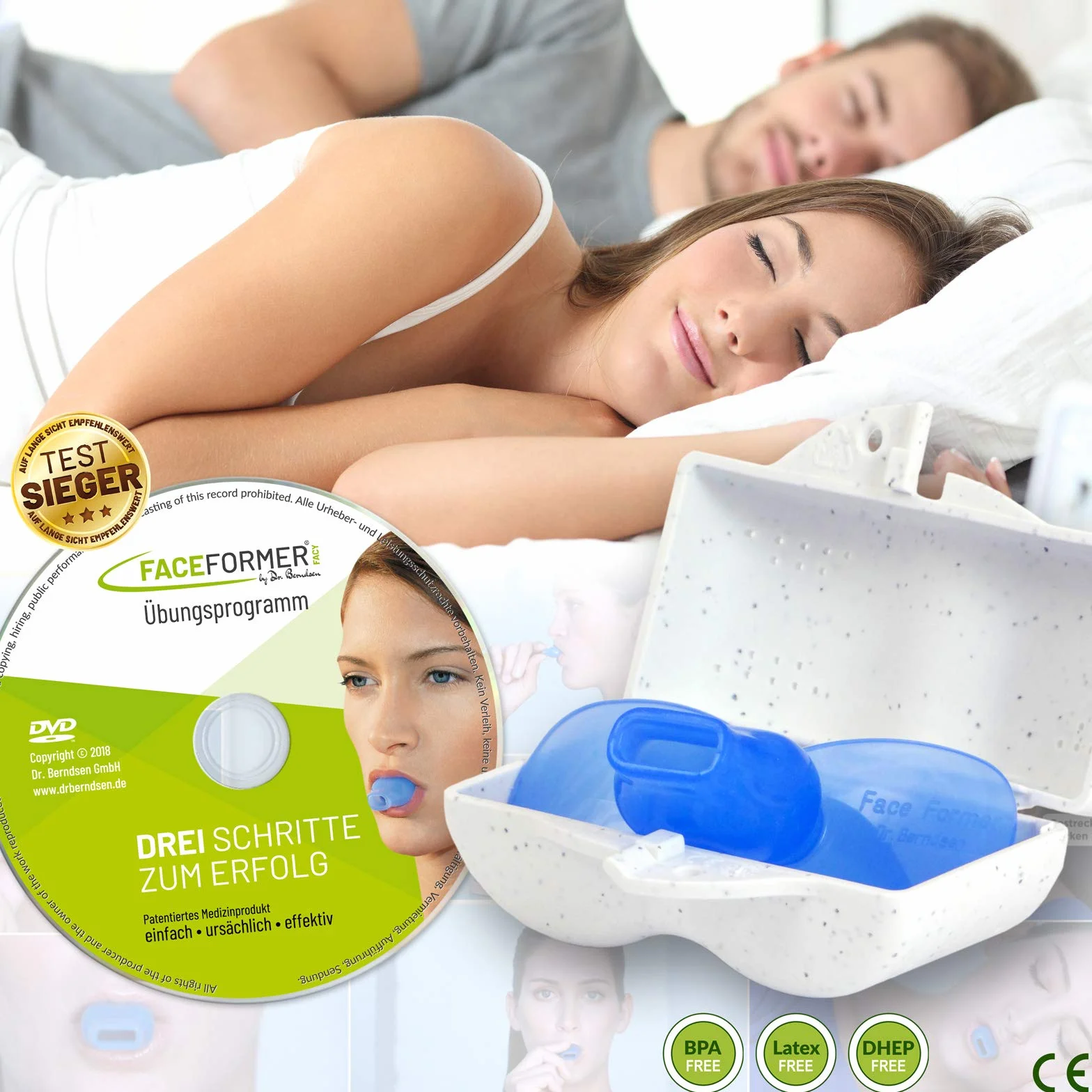 FaceFormer ONE blue z programem ćwiczeń na DVD • bezpłatna aplikacja treningowa • Przyczynie skuteczny w przypadku chrapania, bezdechu sennego, zaburzeń snu, CMD, zgrzytania zębów, bólu szczęki i