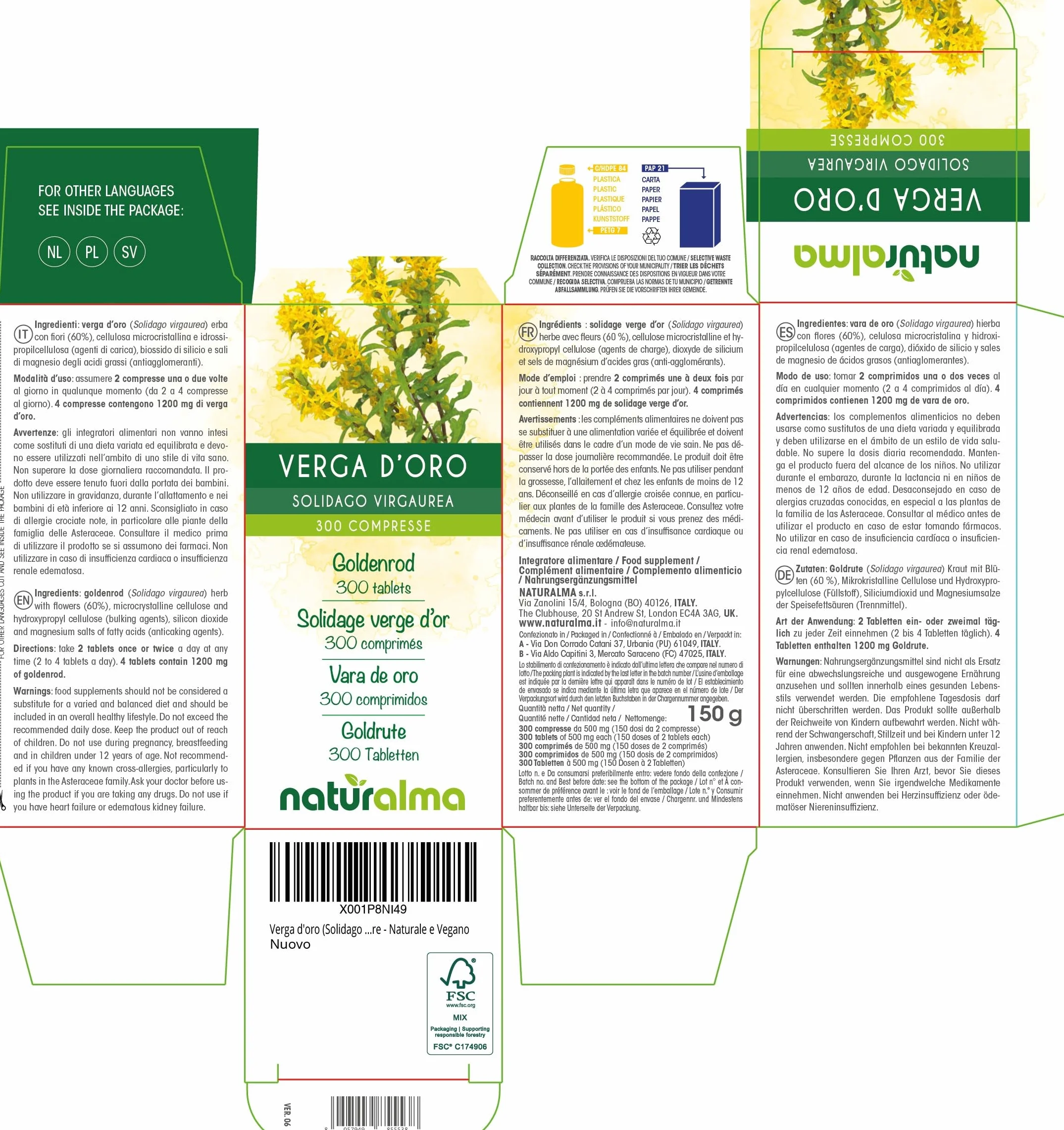 Nawłoć pospolita (Solidago virgaurea) ziele z kwiatami Naturalma - 150 g - 300 tabletek - Suplement diety - Naturalne i Wegańskie