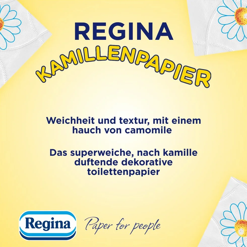 Regina Papier Rumiankowy 48 Rolek po 150 Listków, Miękki i Delikatny, Zapachowy, z Nadrukiem, 3 Warstwy, Duże Opakowanie, Certyfikat FSC, Czysta Celuloza