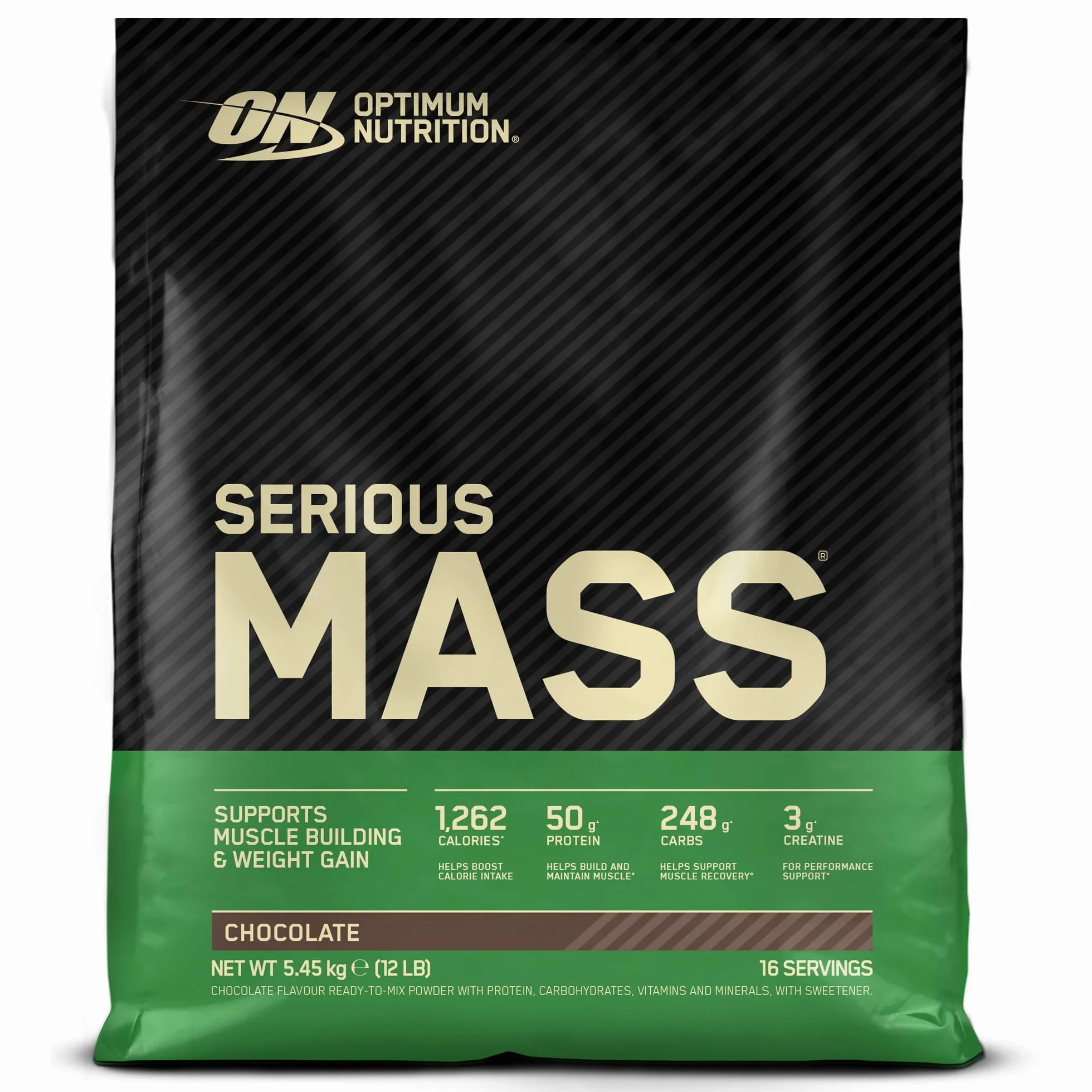 Optimum Nutrition Serious Mass Wysokokaloryczna Odżywka Białkowa, Gainer na Wzrost Masy Mięśniowej, 25 Witamin i Minerałów, Monohydrat Kreatyny i Glutamina, Smak Czekoladowy, 16 Porcji, 5,45 kg