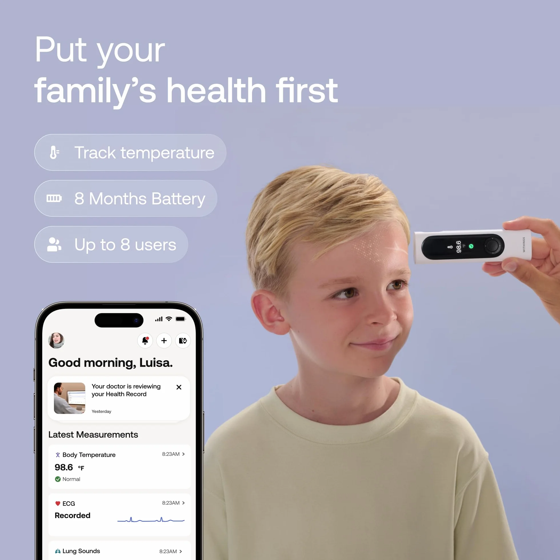WITHINGS BeamO – Bezdotykowy Inteligentny Termometr Cyfrowy, 4-w-1 MultiScan, Monitor EKG, Pulsoksymetr, Cyfrowy Stetoskop, Dla Dzieci i Dorosłych, Wielu Użytkowników, Opieka Rodzinna