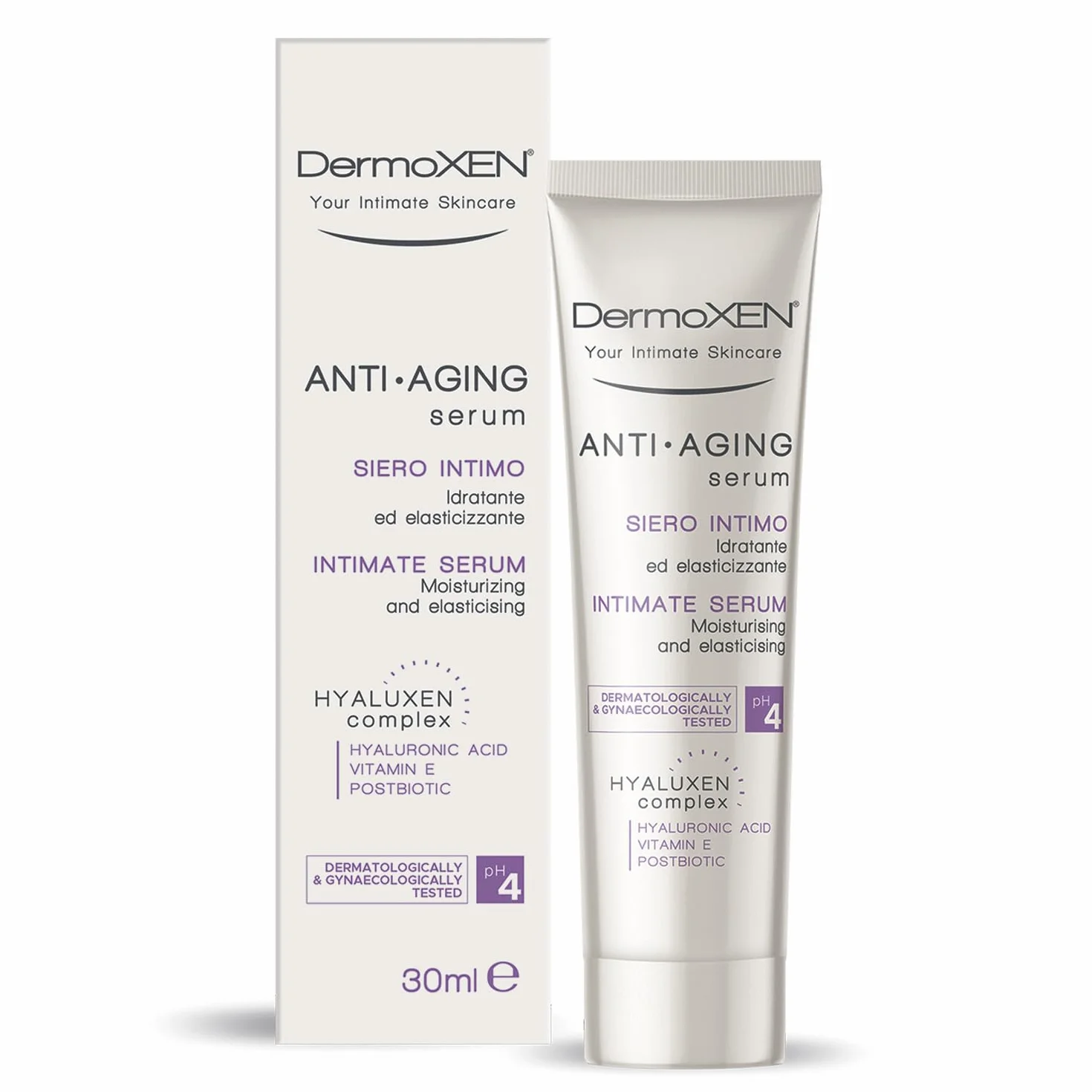DERMOXEN ANTI-AGING Serum intymne dla kobiet 30 ml | Nawilżające i łagodzące serum do skóry wrażliwej i suchej l | Z kwasem hialuronowym, witaminą E, pH 4, bez konserwantów