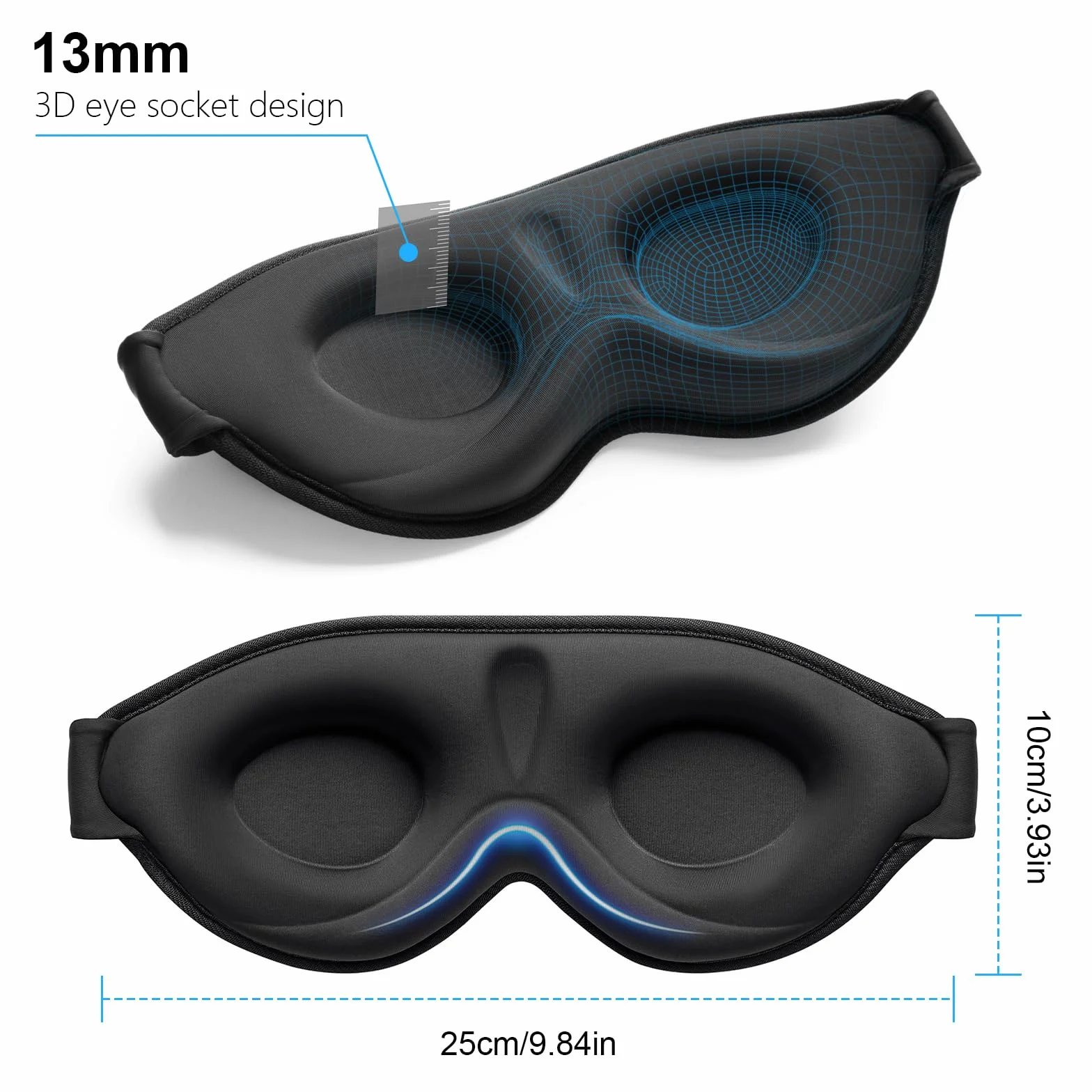 Gritin 3D Maseczki Senne do Blokowania Słowa dla Mężczyzn i Kobiet, Projekt Ergonomiczny, Przyjazny dla Ruchów Oka i Rzęs, Ultra Wygodny Masek do Senia. - Czarny