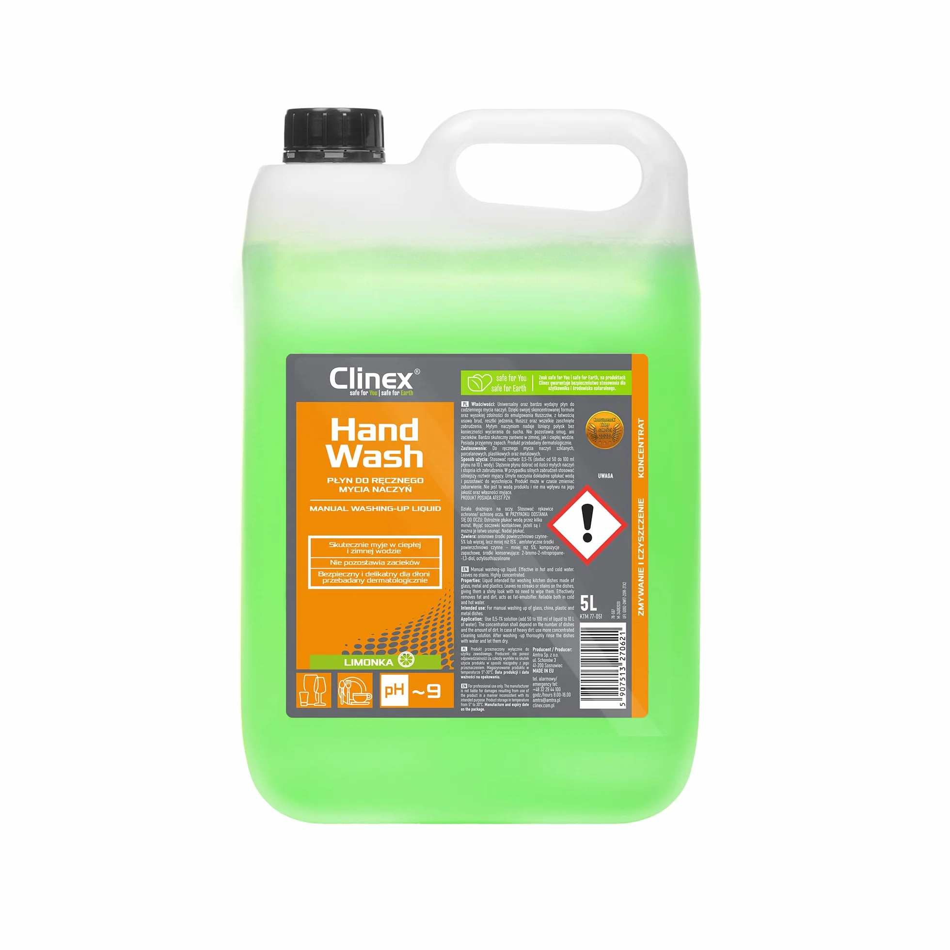 Clinex płyn do mycia naczyń, płyn do mycia naczyń, kanister 5 l, właściwości pielęgnujące skórę, zmiękcza wodę/niezawodne czyszczenie, zapewnia promiennie czyste naczynia