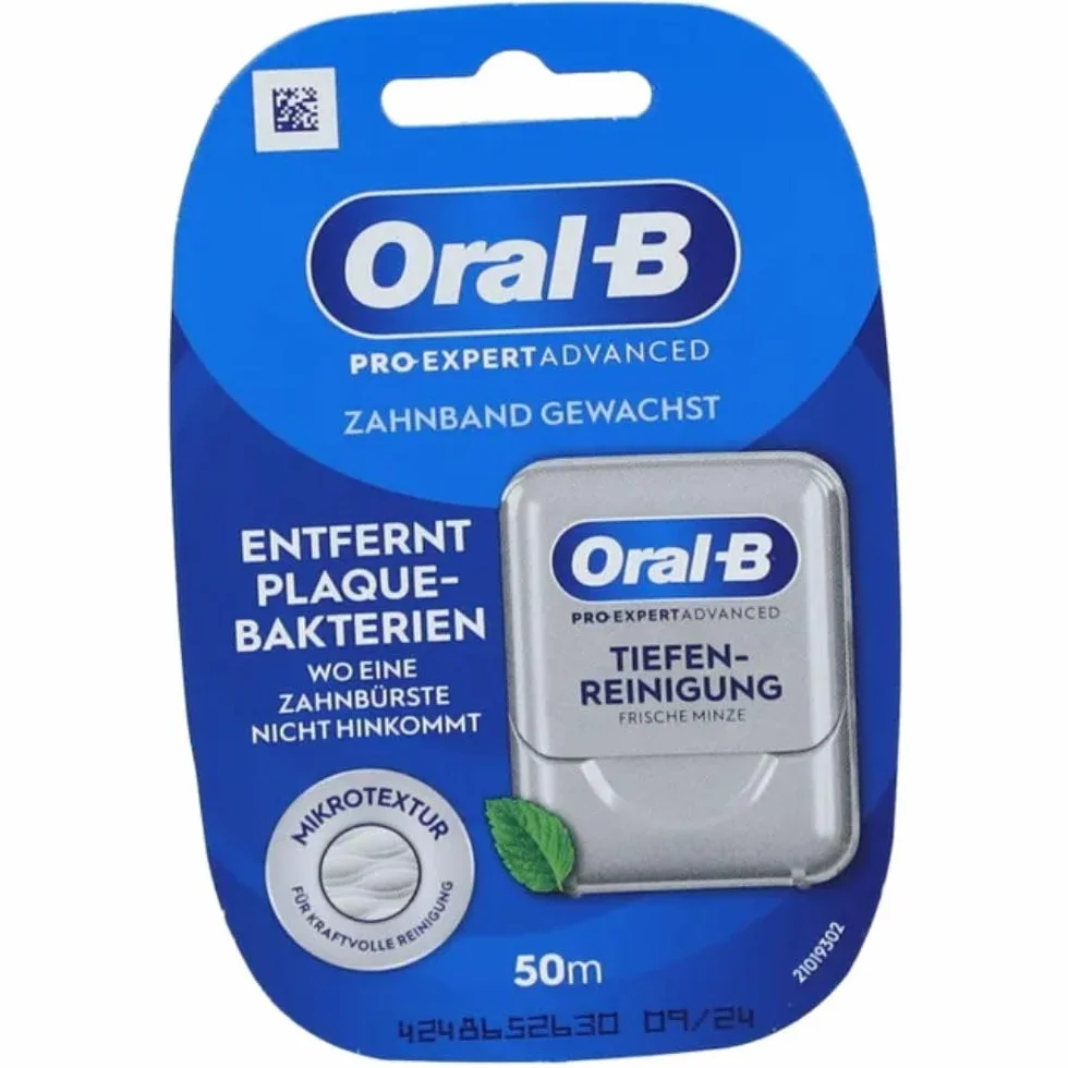 Oral-B Pro-Expert Advanced woskowana nić dentystyczna, głębokie czyszczenie, usuwa płytkę nazębną, taśma dentystyczna o smaku mięty, 50 m