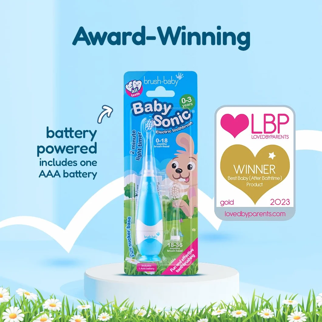 Brush-baby BabySonic elektryczna szczoteczka do zębów dla małych dzieci, bardzo miękkie włosie, timer 2-minutowy i podświetlana głowica szczoteczki do zębów dla dzieci w wieku 0-3 lat, niebieska
