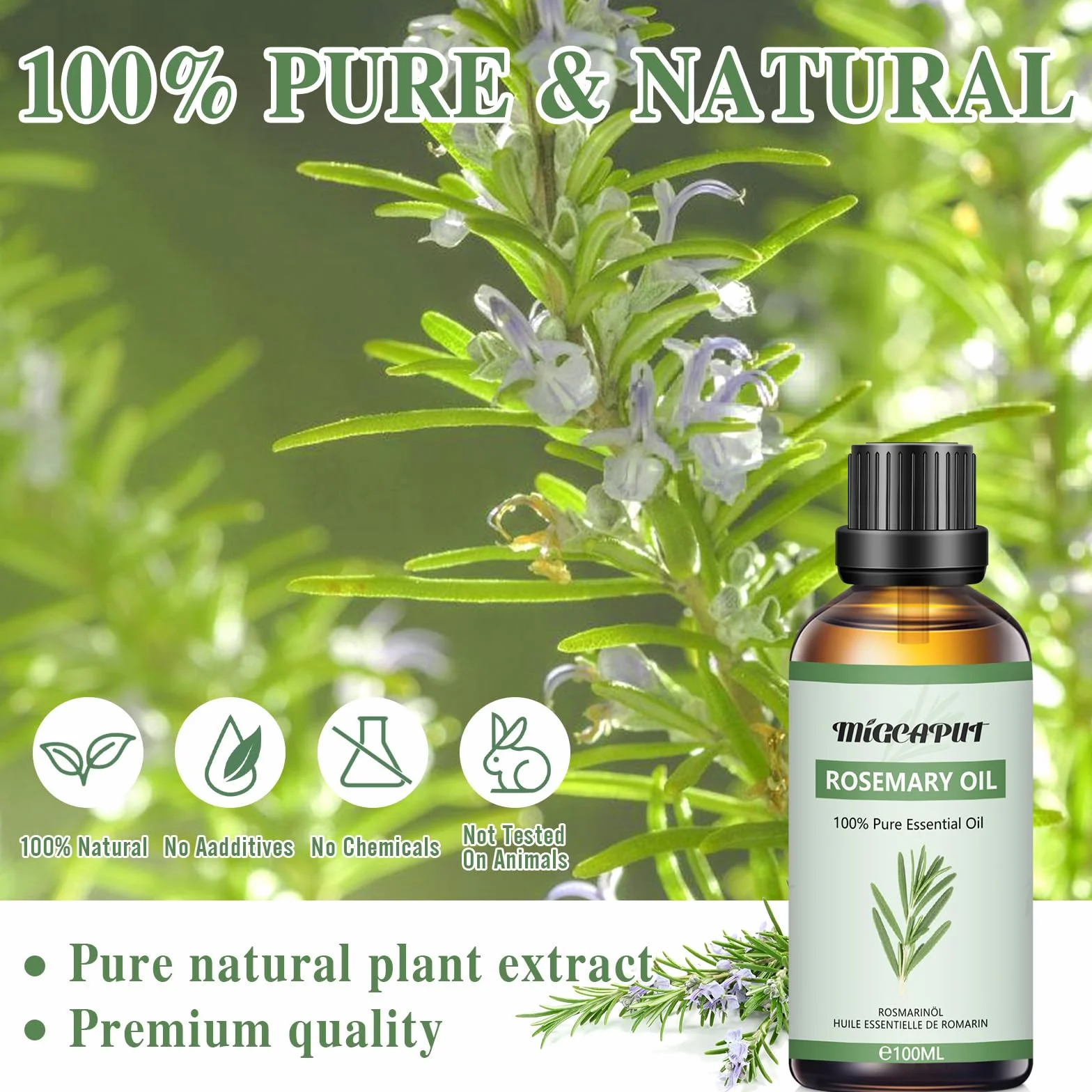 MIGCAPUT Olejek Eteryczny z Rozmarynu 100ML, 100% Naturalne Olejki Eteryczne do Aromaterapii, Olejek Rozmarynowy Klasy Terapeutycznej do Dyfuzora Nawilżacza, SPA, Masażu
