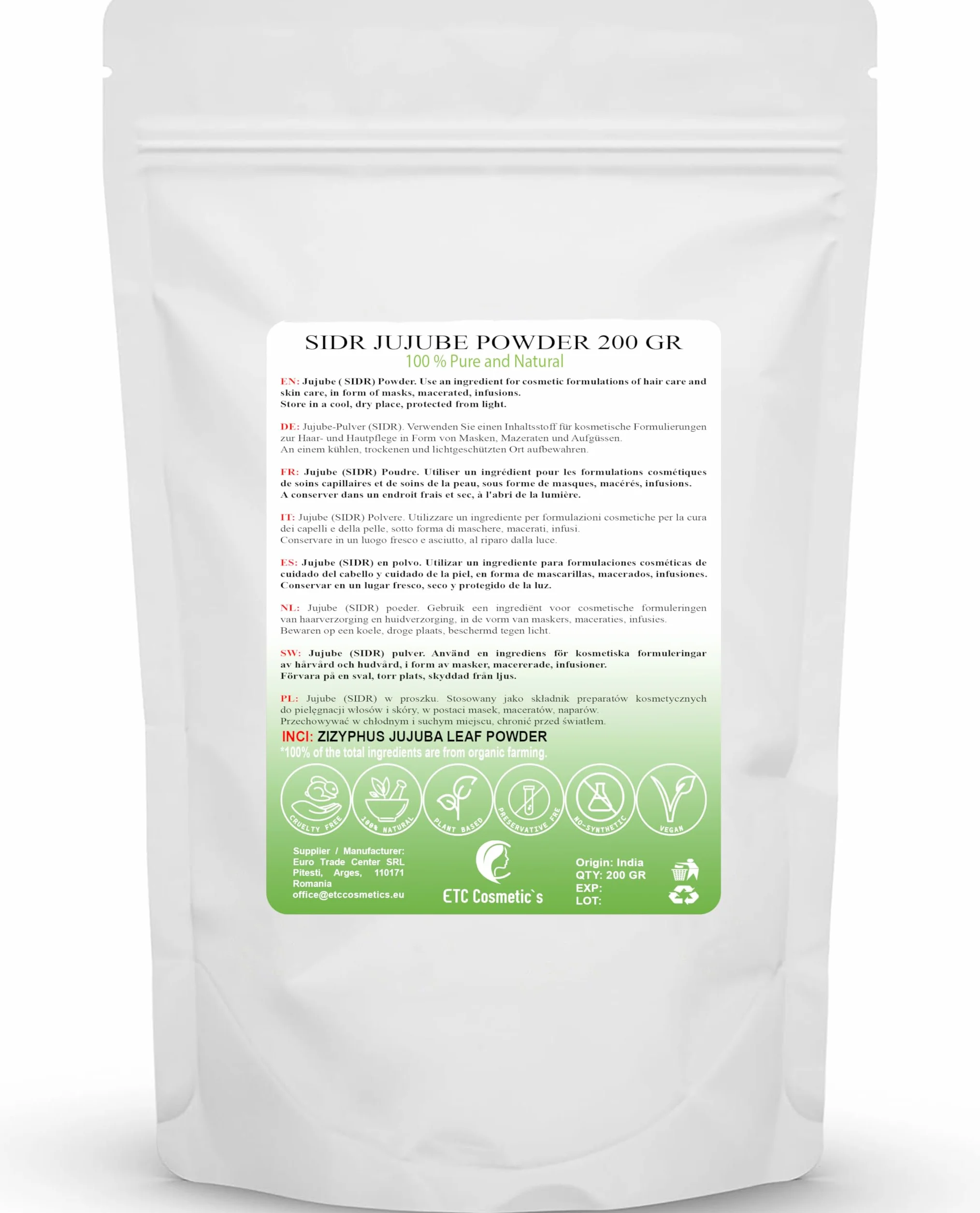 SIDR (JUKUBA) PROSZEK - 200 g - Naturalny proszek roślinny do oczyszczania | Odpowiedni dla wszystkich rodzajów włosów, w tym cienkich, słabych i uszkodzonych | 100% naturalny (200 g)