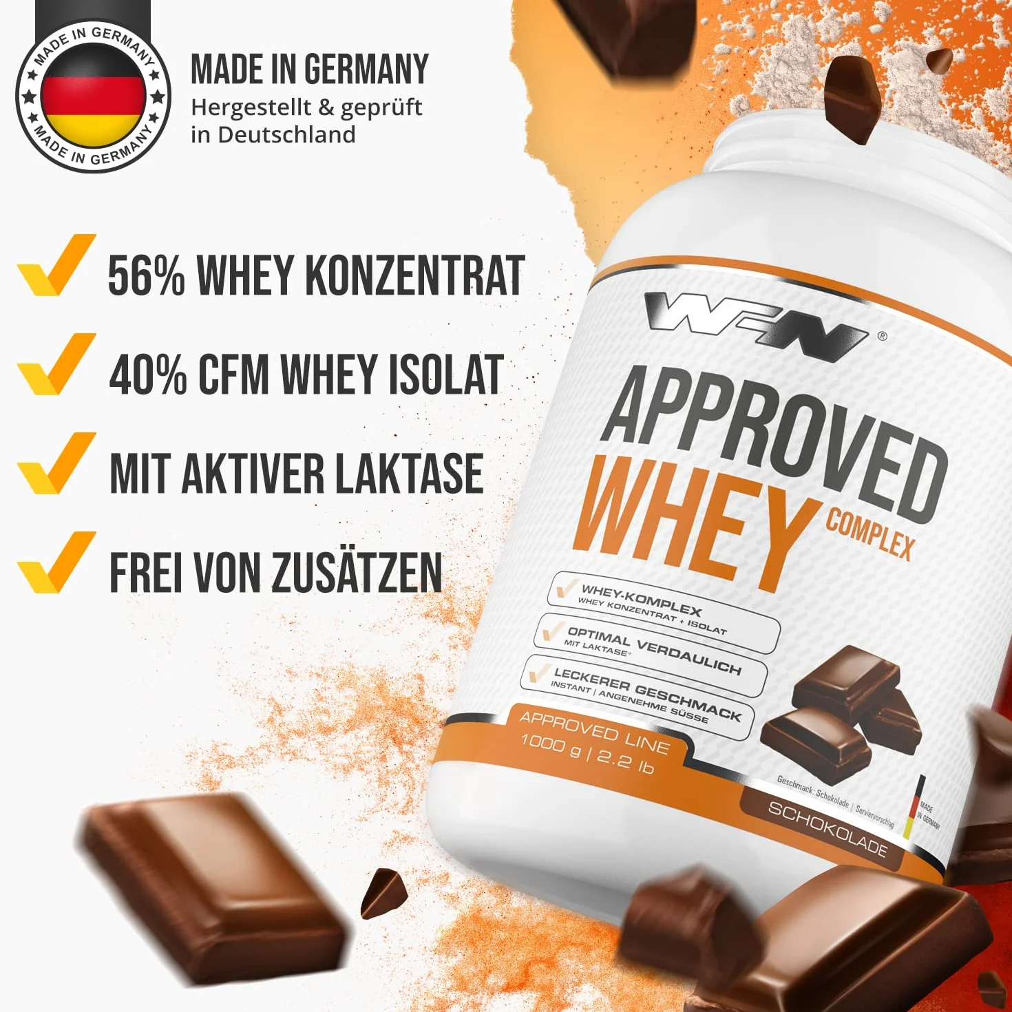 WFN Approved Whey proszek proteinowy czekolada 1 kg z laktazą