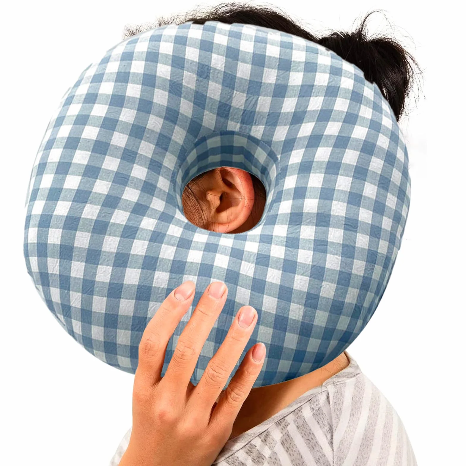 Poduszka do piercingu z otworem, poduszka do piercingu, okrągła poduszka z dziurką, bawełniana poduszka do spania, poduszka pod głowę, dla osób śpiących na boku (błękitna)