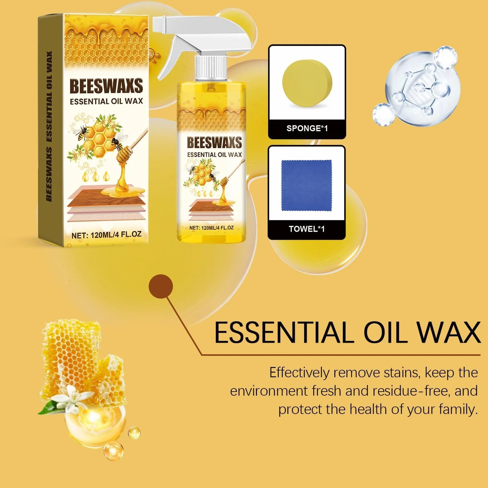 Beeswax Furniture Restorer - Multifunctional Wood Cleaner Spray with Sponge and Towel for Surfaces Care | 120ml Polishing Treatmented for Floor Tables Chairs Living Room Indoor Home Maintenance