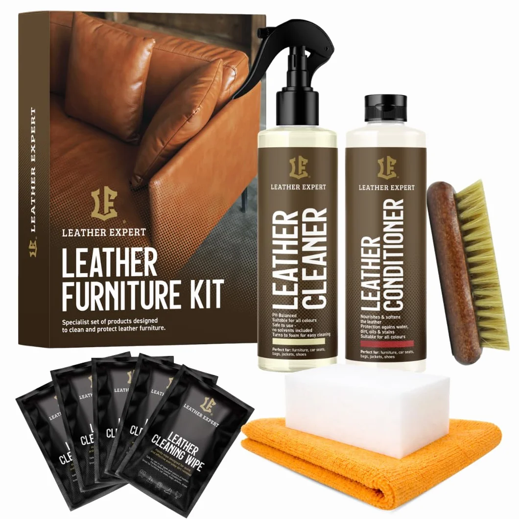 Leather Expert Leather Cleaner 250 ml + Leather Care 250 ml Zestaw do pielęgnacji mebli - Pielęgnacja imitacji skóry ze szczotką, gąbką i ściereczką z mikrofibry