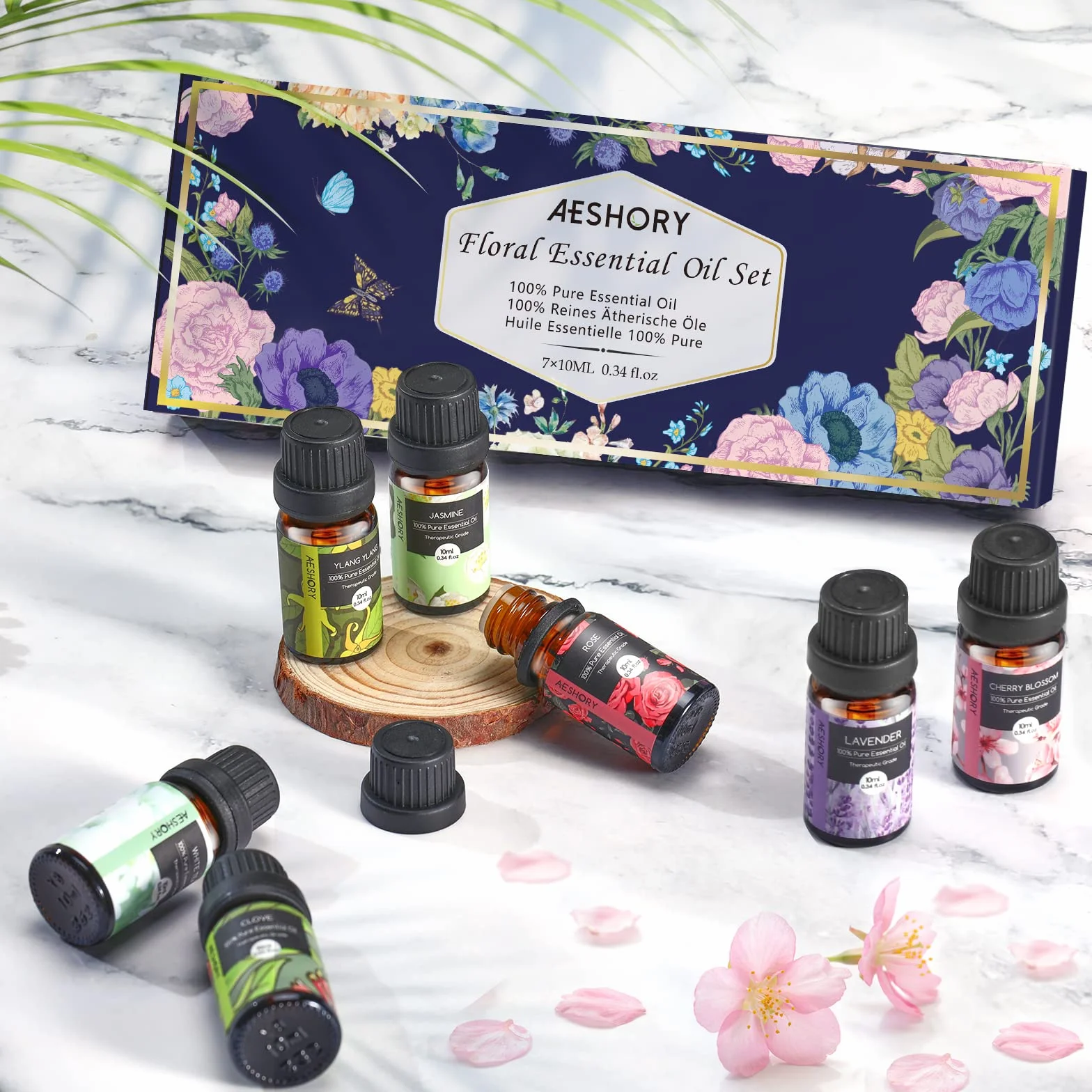 Aeshory Zestaw Olejków Eterycznych Kwiaty 7 x 10ml, 100% Naturalny Olejek Zapachowy Do Aromaterapii Do Dyfuzorów - Lawenda, Róża, Biała Herbata, Kwiat Wiśni, Rumianek, Ylang-Ylang, Goździk