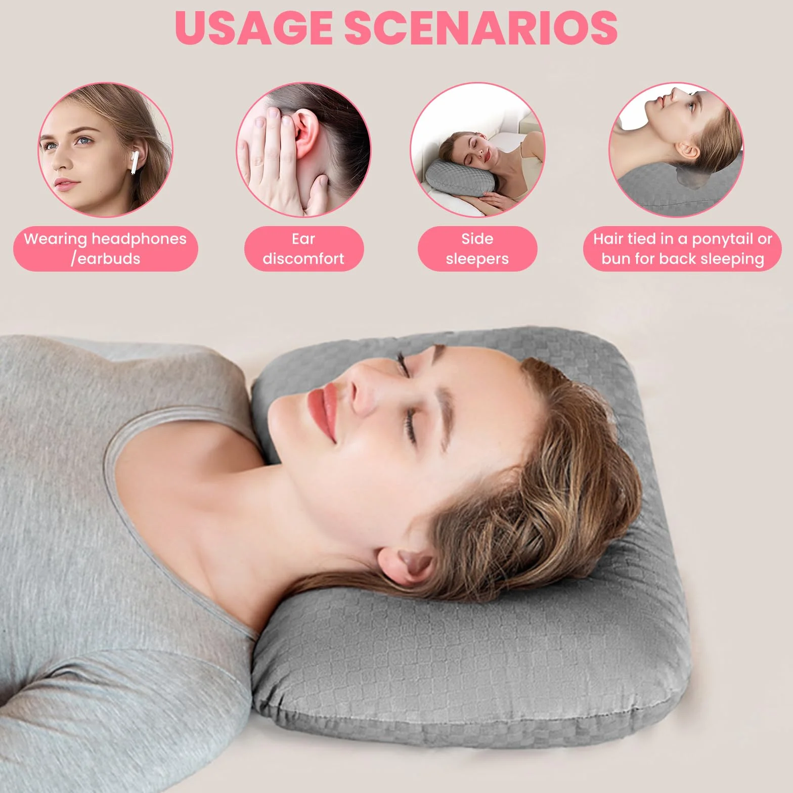Poduszka Piercingowa z Otworem do Ucha, Ergonomiczna Poduszka, Regulowana Bawełna i Poliester, do Spania na Boku, Łagodzenie Bólu Ucha oraz Nacisku (Szary)