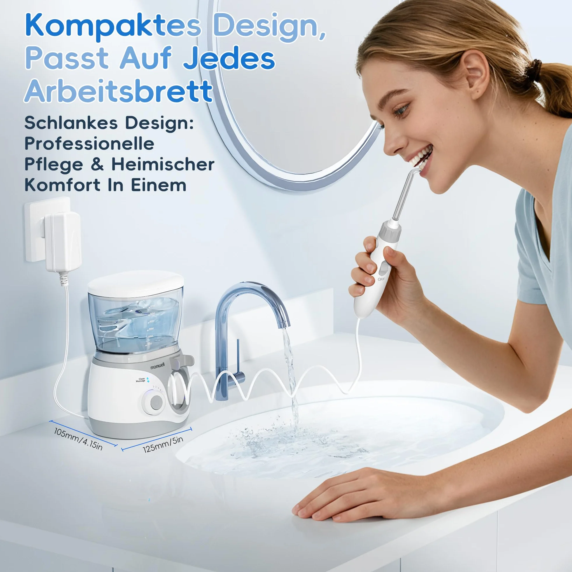 Mornwell Irrigator do Zębów, Profesjonalny Elektryczny Irrigator z 10 Poziomami Ciśnienia, 6 Końcówkami, 2 Trybami & Zbiornikiem 600ml, Wbudowany Timer (Duże A)