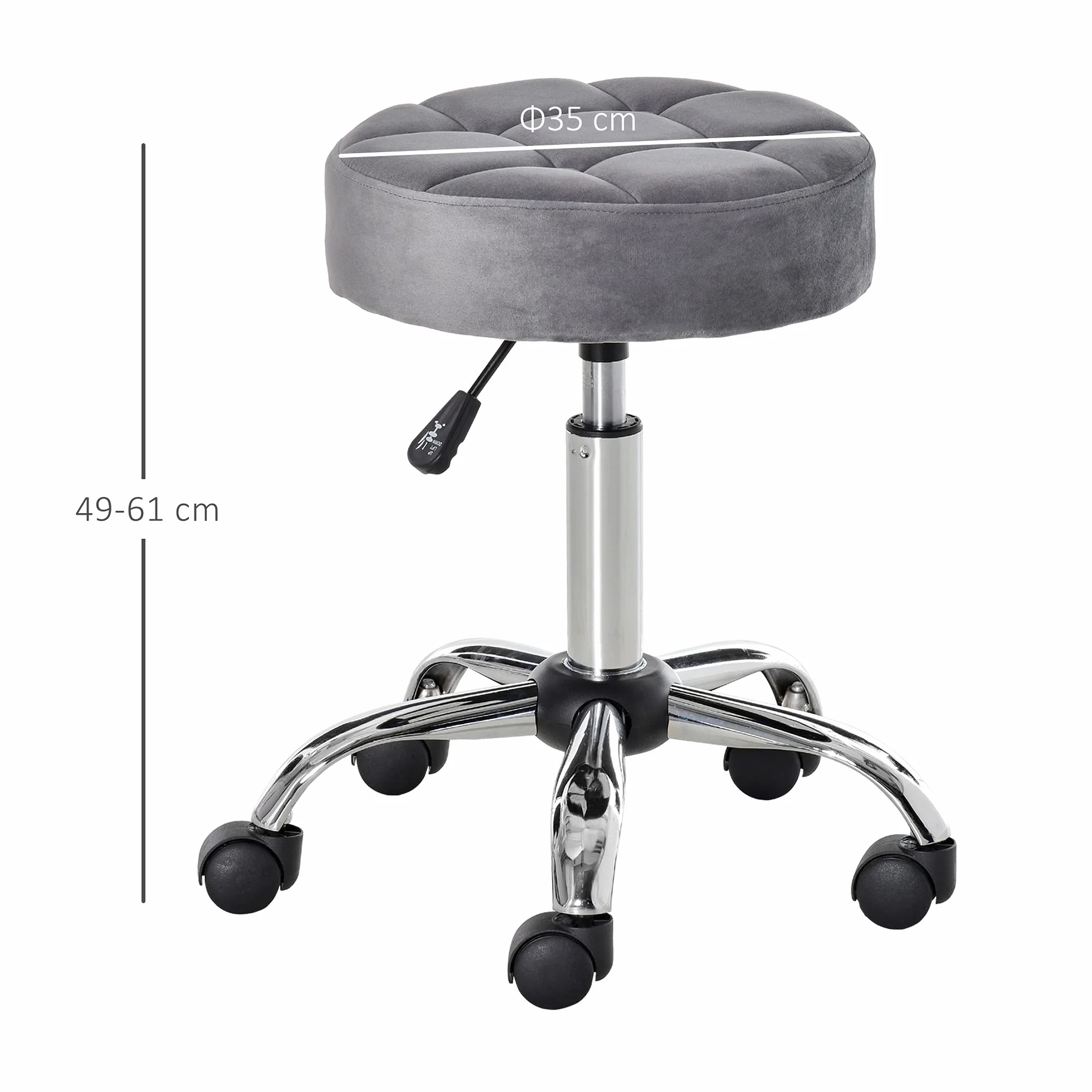 HOMCOM krzesło do salonu na kółkach stołek na kółkach z regulacją wysokości obrotowy hoker do salonu aksamitny dotyk pianka chromowana podstawa szary 35 x 35 x 49-61 cm