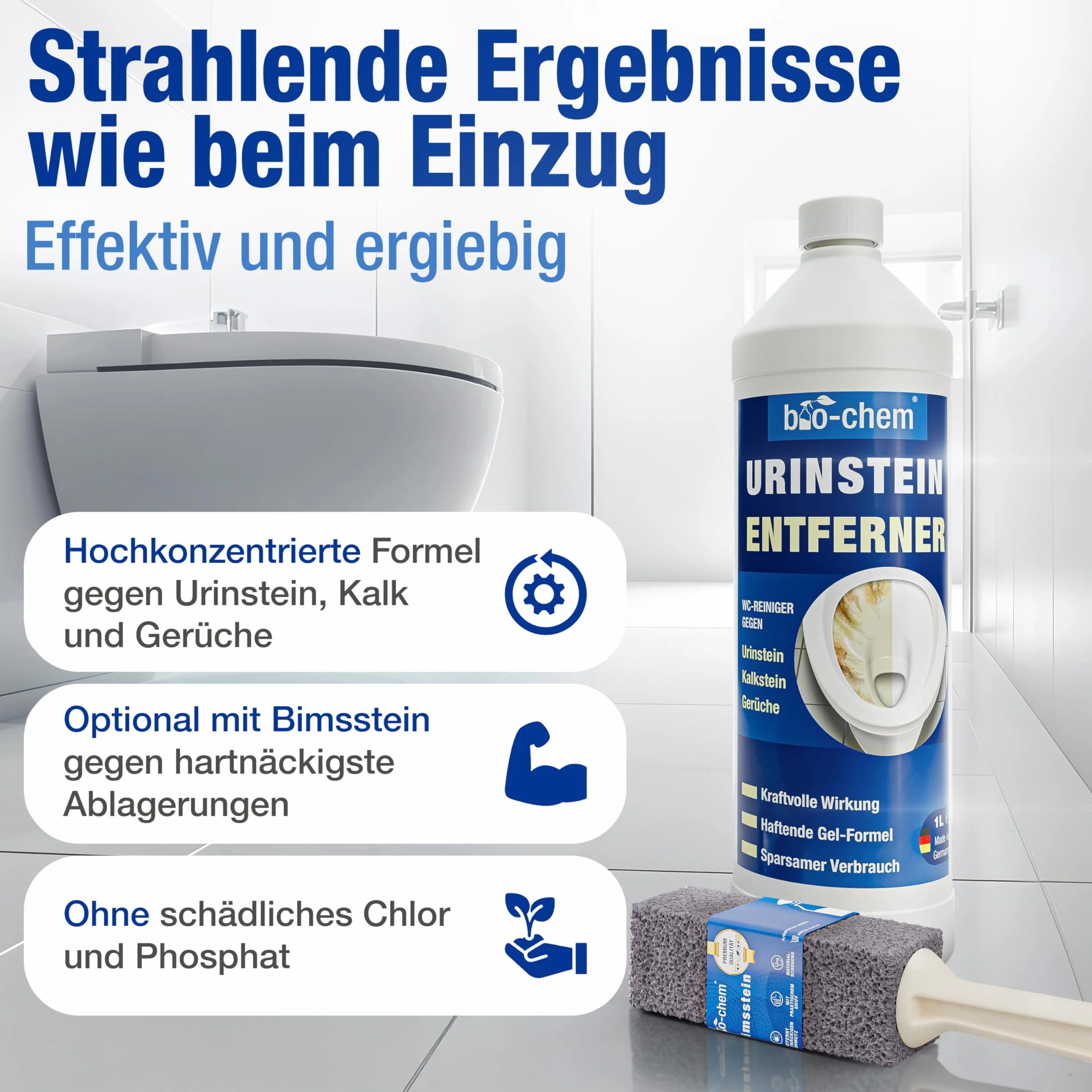 Bio-Chem - Środek do czyszczenia toalet 1L z dyszą skośną - Środek do czyszczenia łazienek z moczu i kamienia - Produkty gospodarstwa domowego do konserwacji toalet - czyszczący i dezodorant