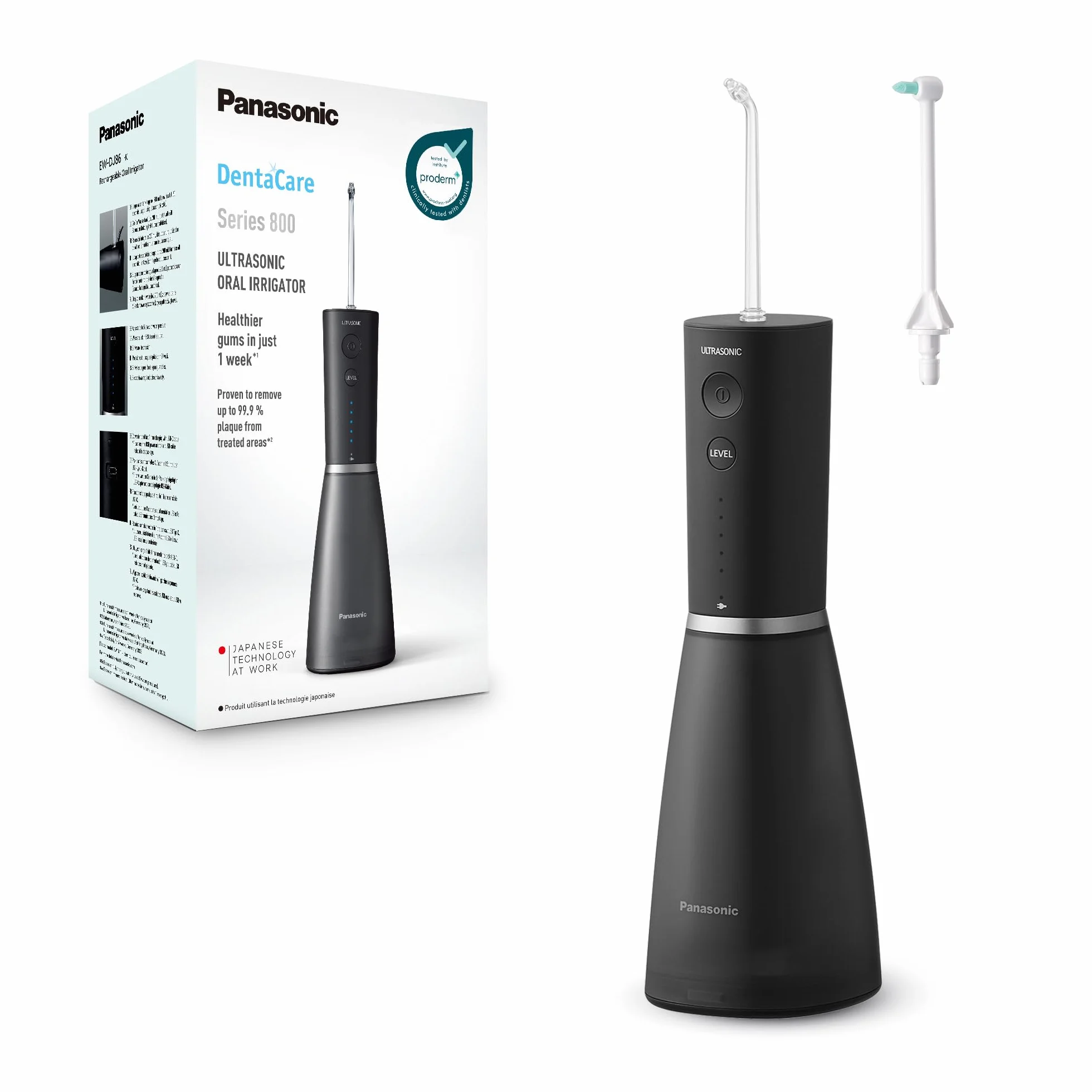 Panasonic Series 800 Ultradźwiękowy Irygator do jamu ustnej EW-DJ86-K503, do Zębów, 200 ml, 1 Dysza Ultradźwiękowa i 1 Ortodontyczna, 5 Ustawień Ciśnienia, Akcesoria Podróżne, Ładowanie USB-C, Czarny