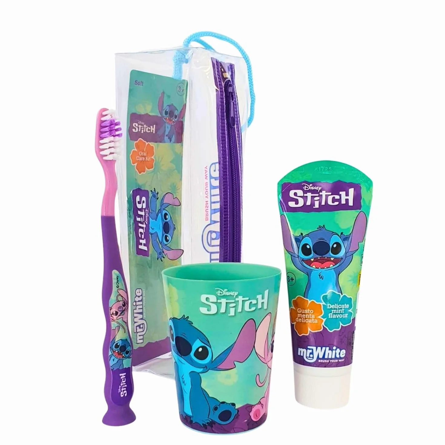 Disney Stitch Zestaw szczoteczek do zębów dla dzieci zawiera szczoteczkę do zębów z nasadką ochronną, przyssawką i miękkim włosiem, pastę do zębów o smaku miętowym i wielofunkcyjną zlewkę dla dzieci