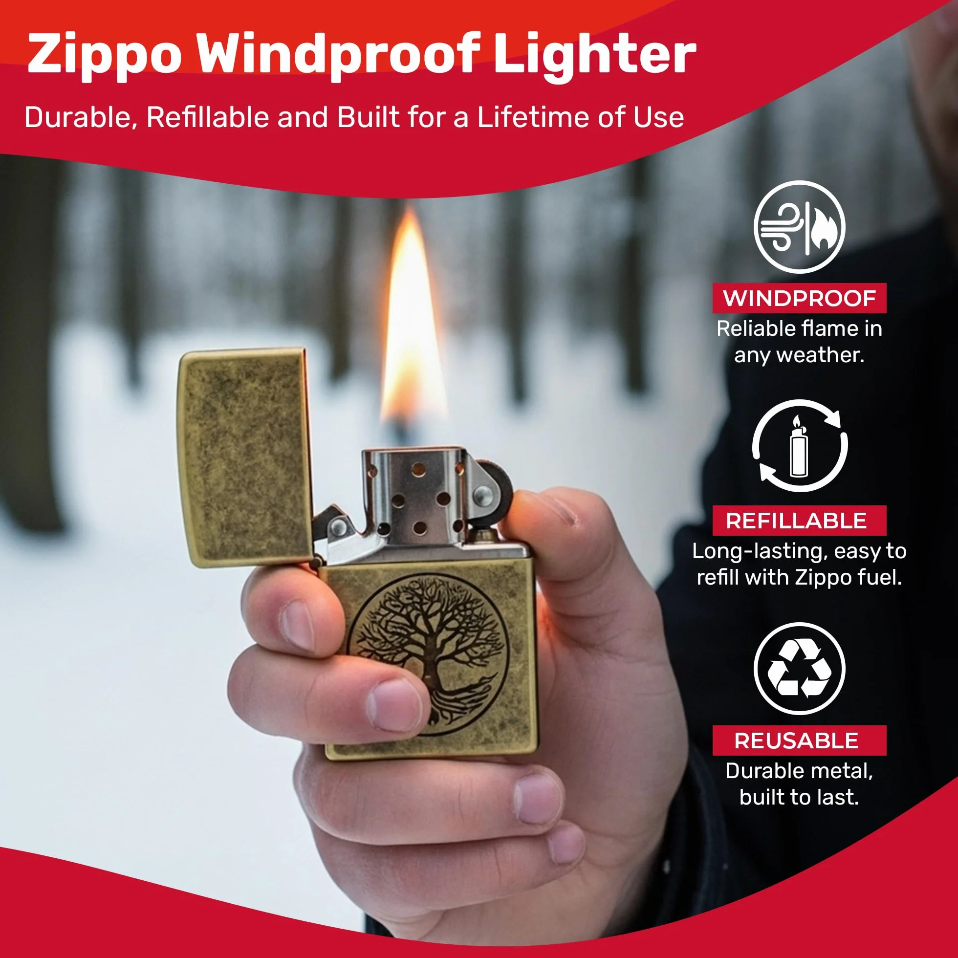 Zippo Zapalniczka Sztormowa Tree Of Life Antyczny Mosiądz Lustro Wiatroszczelna Konstrukcja
