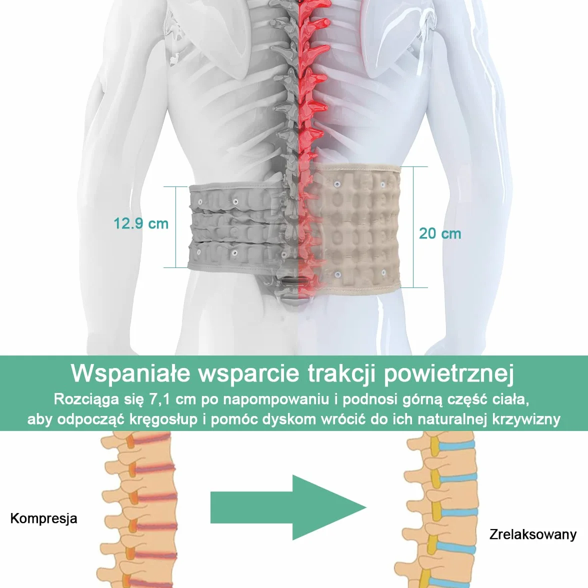 HONGJING Nadmuchiwany pas dekompresyjny lędźwiowy do łagodzenia bólu pleców, jeden rozmiar 29-49