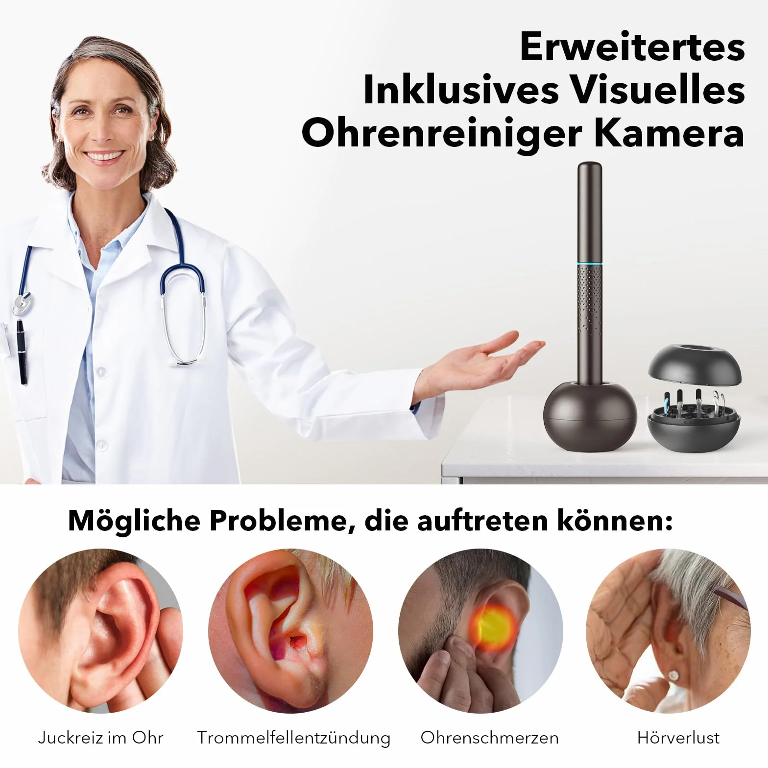 Otoskop: Otoscope do usuwania woskowiny z 1080P HD Camara, 3.5mm Inteligentny środek do czyszczenia uszu, Wodoodporna kamera do uszu IP67 z 6 diodami LED, odpowiedni dla iPad, iOS, Android